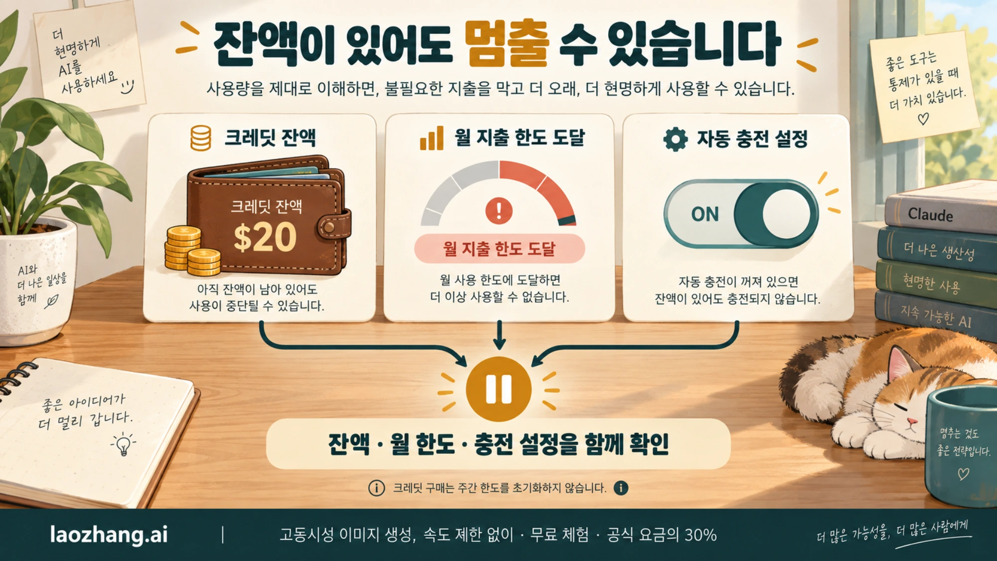 크레딧 잔액, 월 지출 한도, 자동 충전 설정을 함께 확인하도록 안내하는 그림