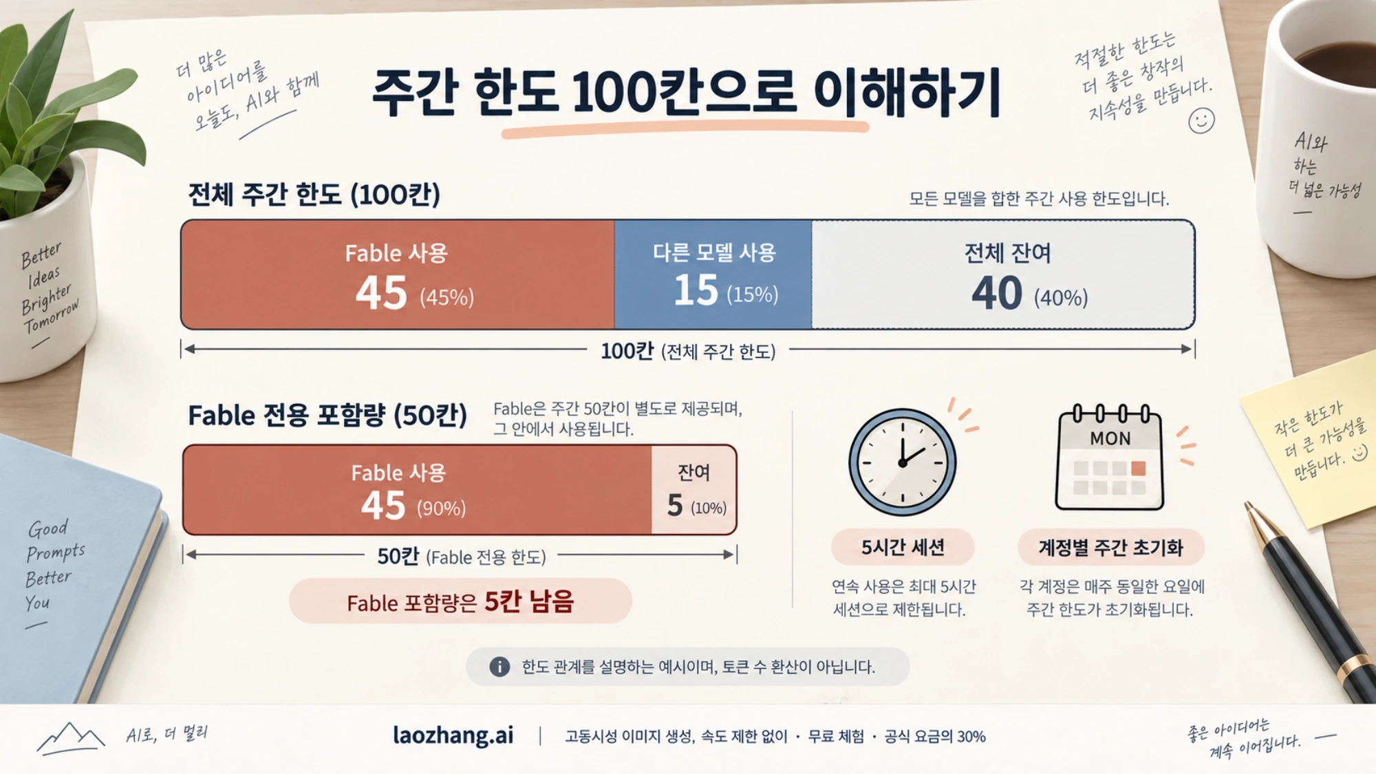 전체 주간 한도와 그 안에서 제한되는 Fable 사용량을 100칸 예시로 설명한 그림