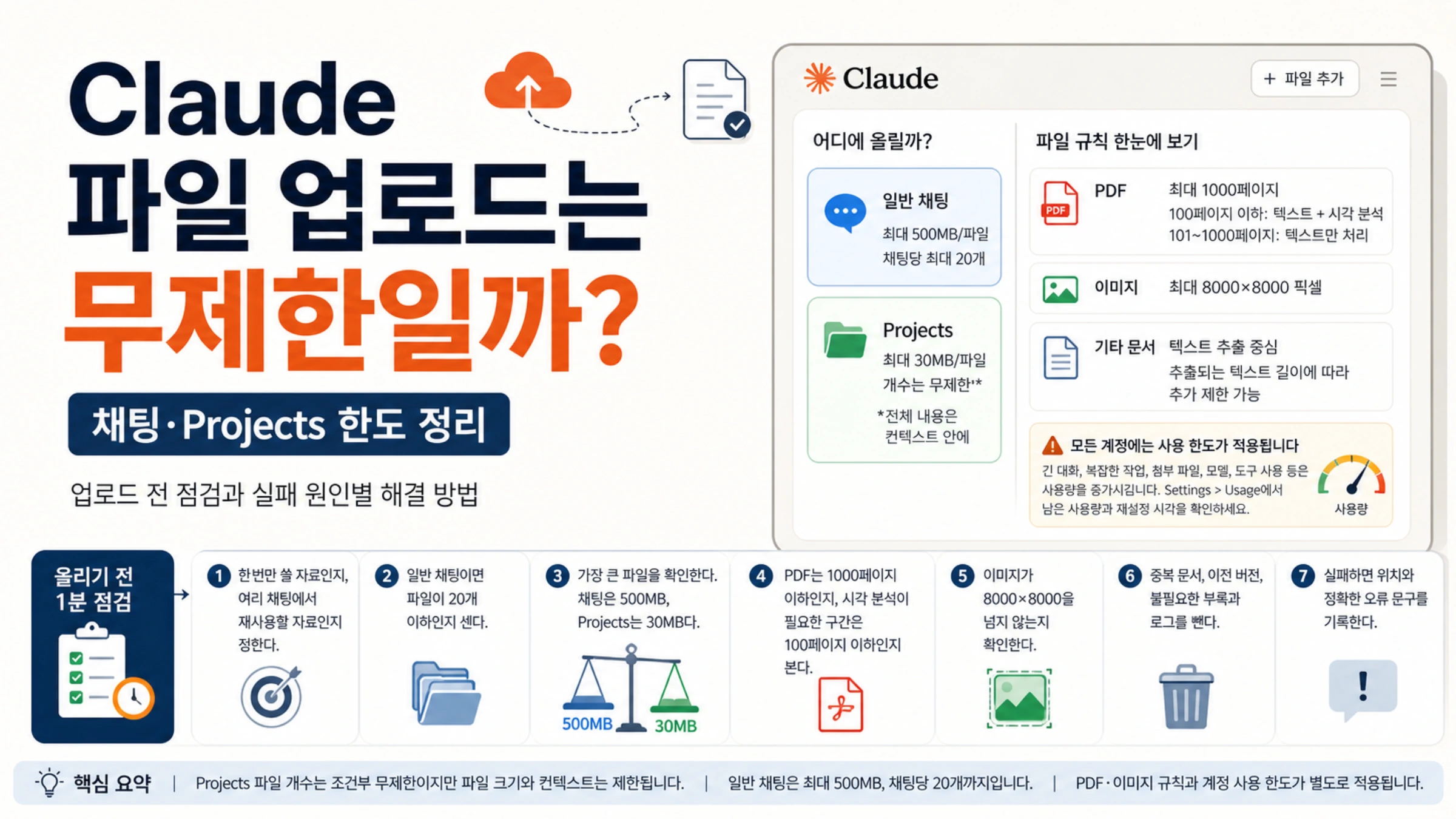 Claude에 올릴 파일을 채팅, 프로젝트, 컨텍스트, 계정 사용량으로 나눠 점검하는 화면