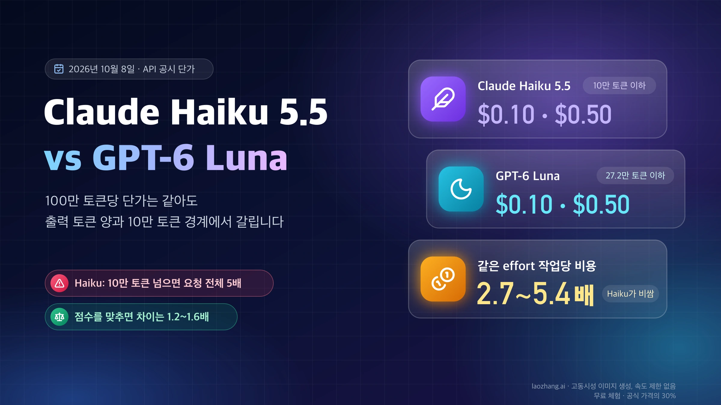 Claude Haiku 5.5와 GPT-6 Luna의 같은 입력·출력 단가 $0.10·$0.50, 같은 effort 작업당 비용 2.7~5.4배, 10만·27.2만 토큰 요금 경계를 정리한 표지