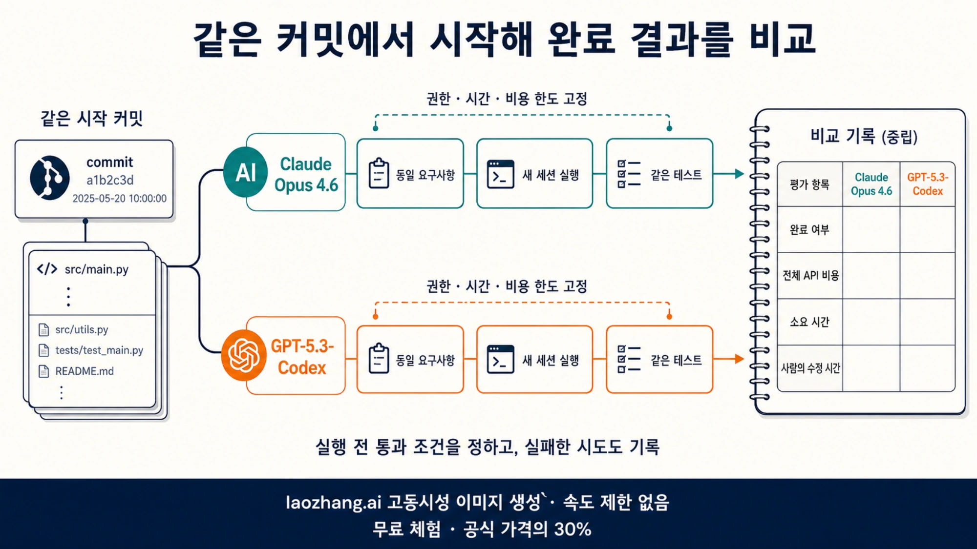 같은 Git 커밋과 요구사항으로 두 모델을 각각 실행한 뒤 테스트 결과와 비용, 소요 시간, 사람의 수정 시간을 기록하는 절차