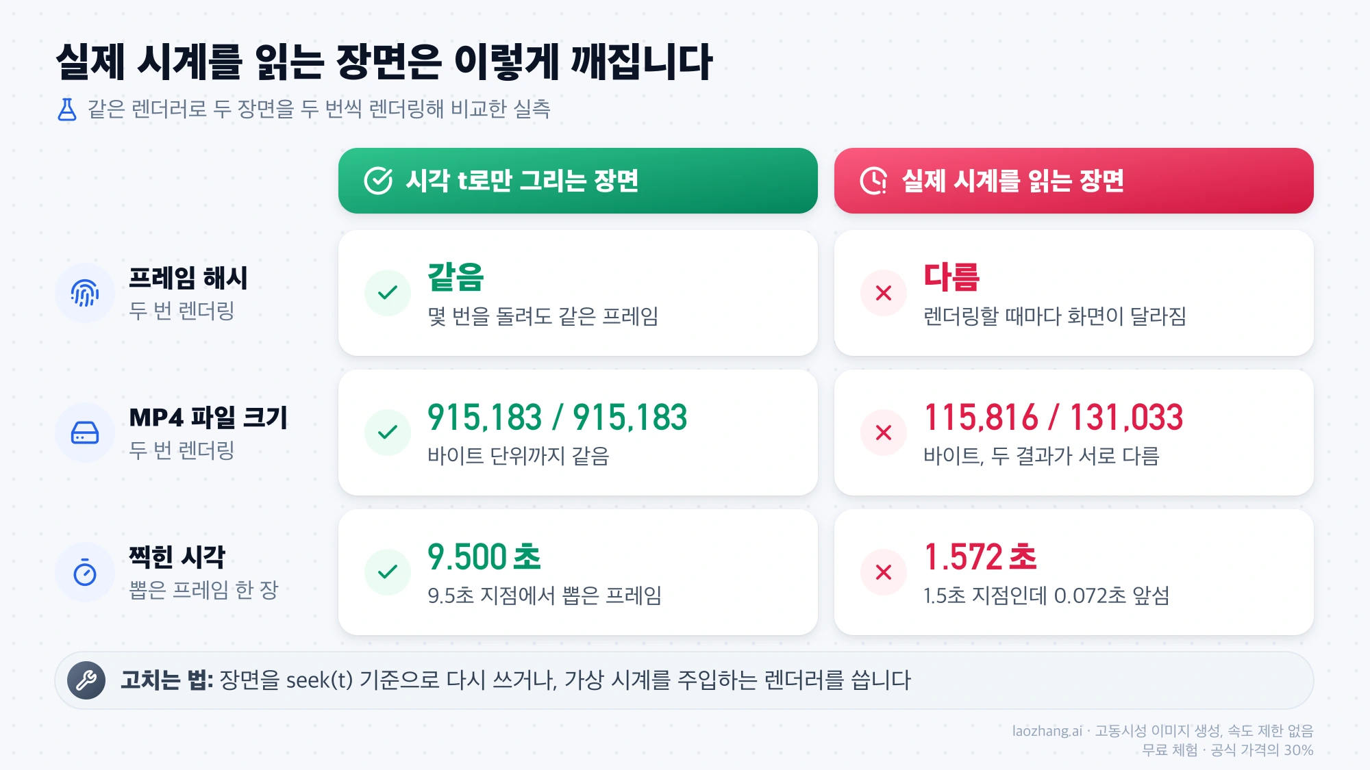 시각 t로만 그리는 장면과 실제 시계를 읽는 장면의 프레임 해시, MP4 파일 크기, 프레임에 찍힌 시각을 비교한 실측 결과