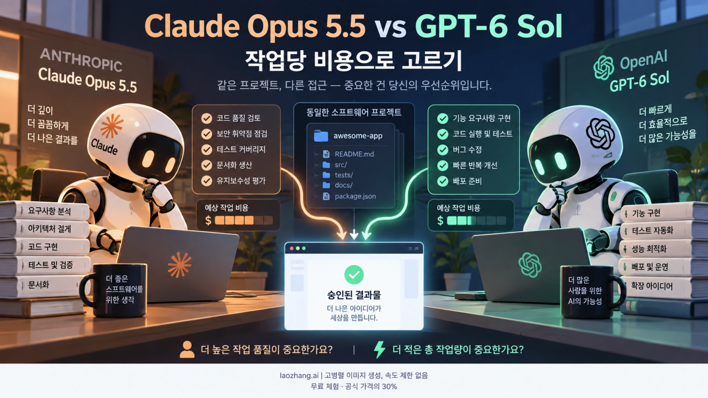 같은 소프트웨어 작업을 두 AI 모델로 검토한 뒤 승인된 결과의 비용으로 선택하는 장면