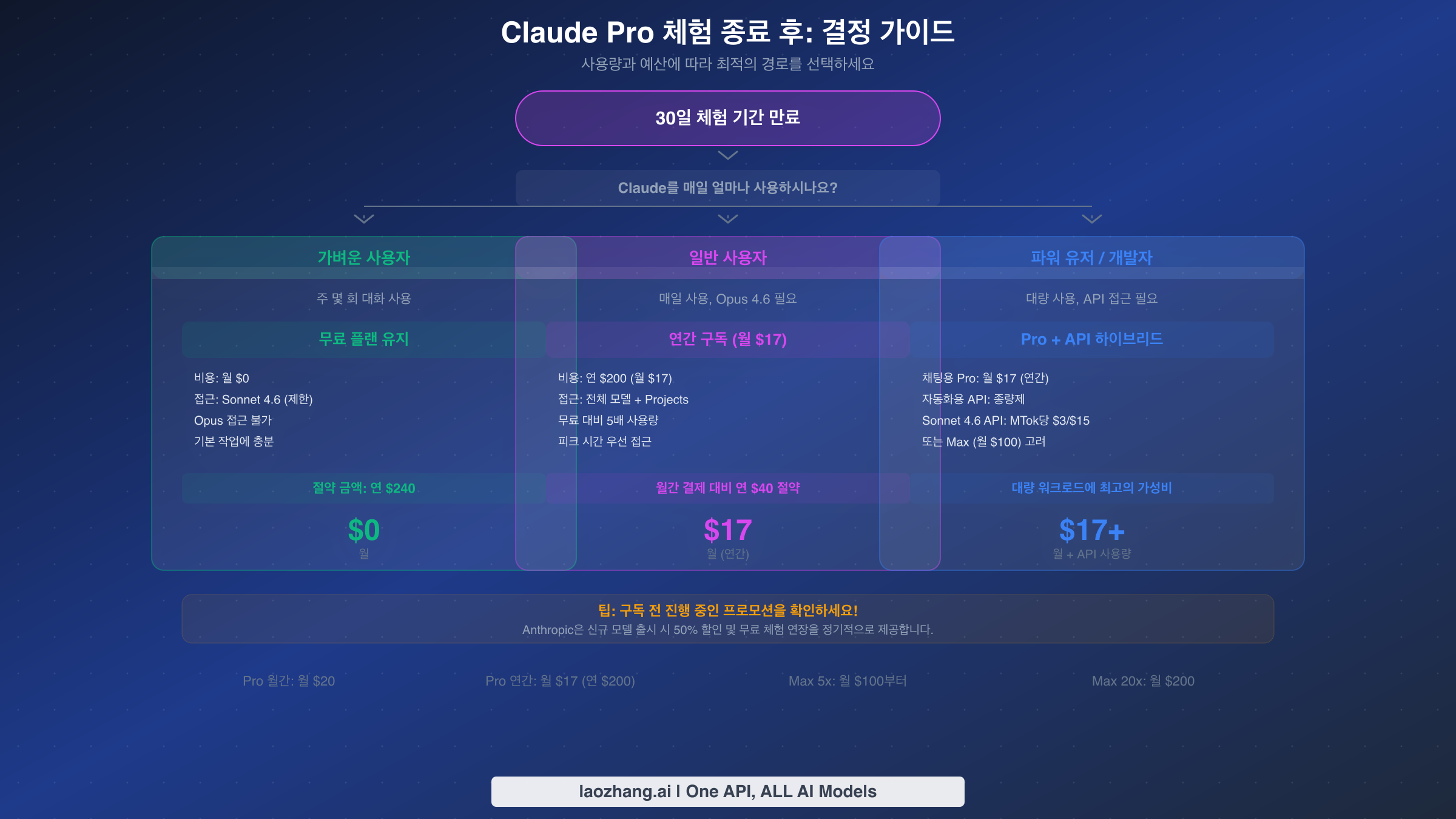 사용 수준에 따른 Claude Pro 체험 만료 후 세 가지 경로를 보여주는 결정 가이드