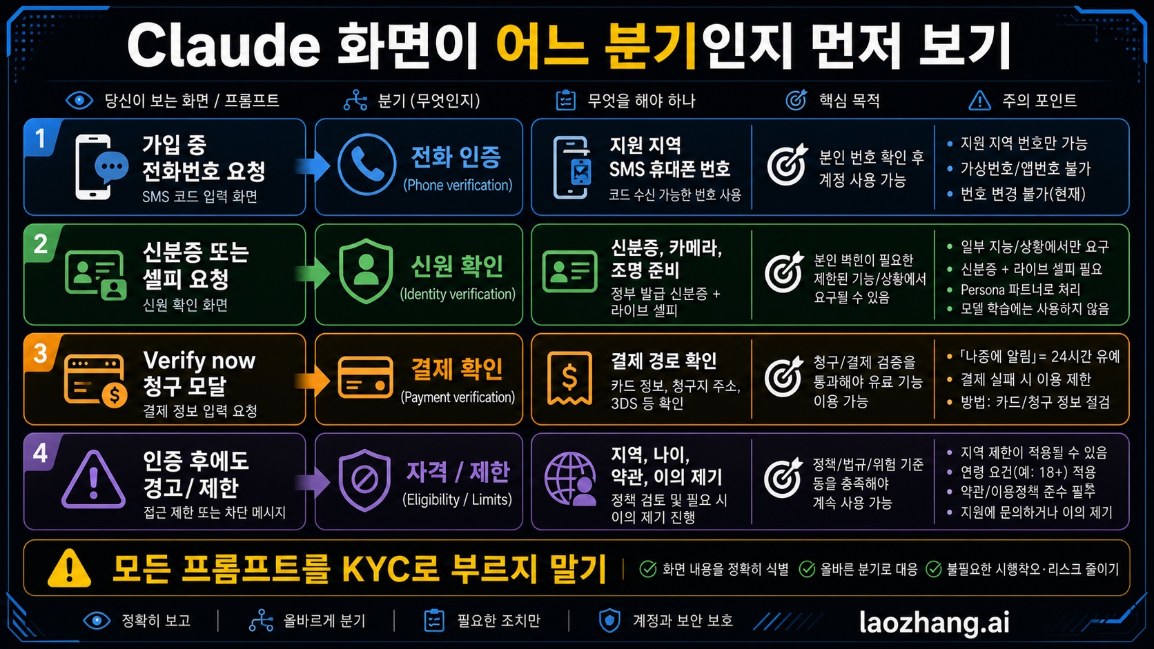Claude 전화번호 인증, 신원 확인, 결제 확인, 제한을 분리하는 분기 보드