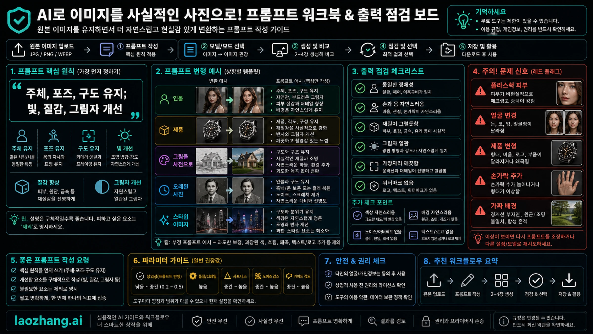 보존을 먼저 쓰고 정체성, 해부, 재질, 그림자, 가장자리, 워터마크를 확인한다