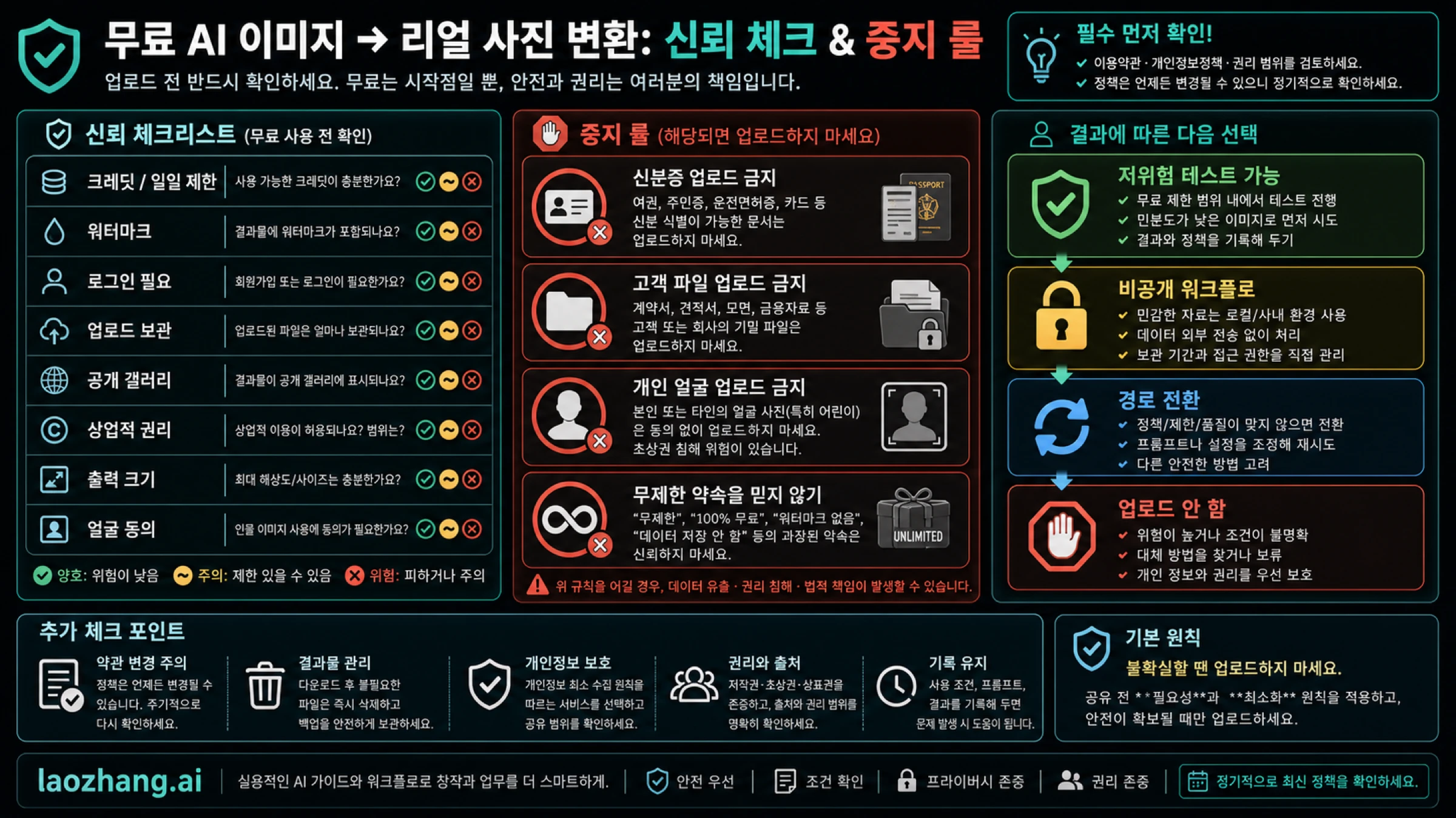 무료 경로는 크레딧, 워터마크, 로그인, 보관, 갤러리, 권리, 출력 크기, 동의를 확인한 뒤에만 사용한다