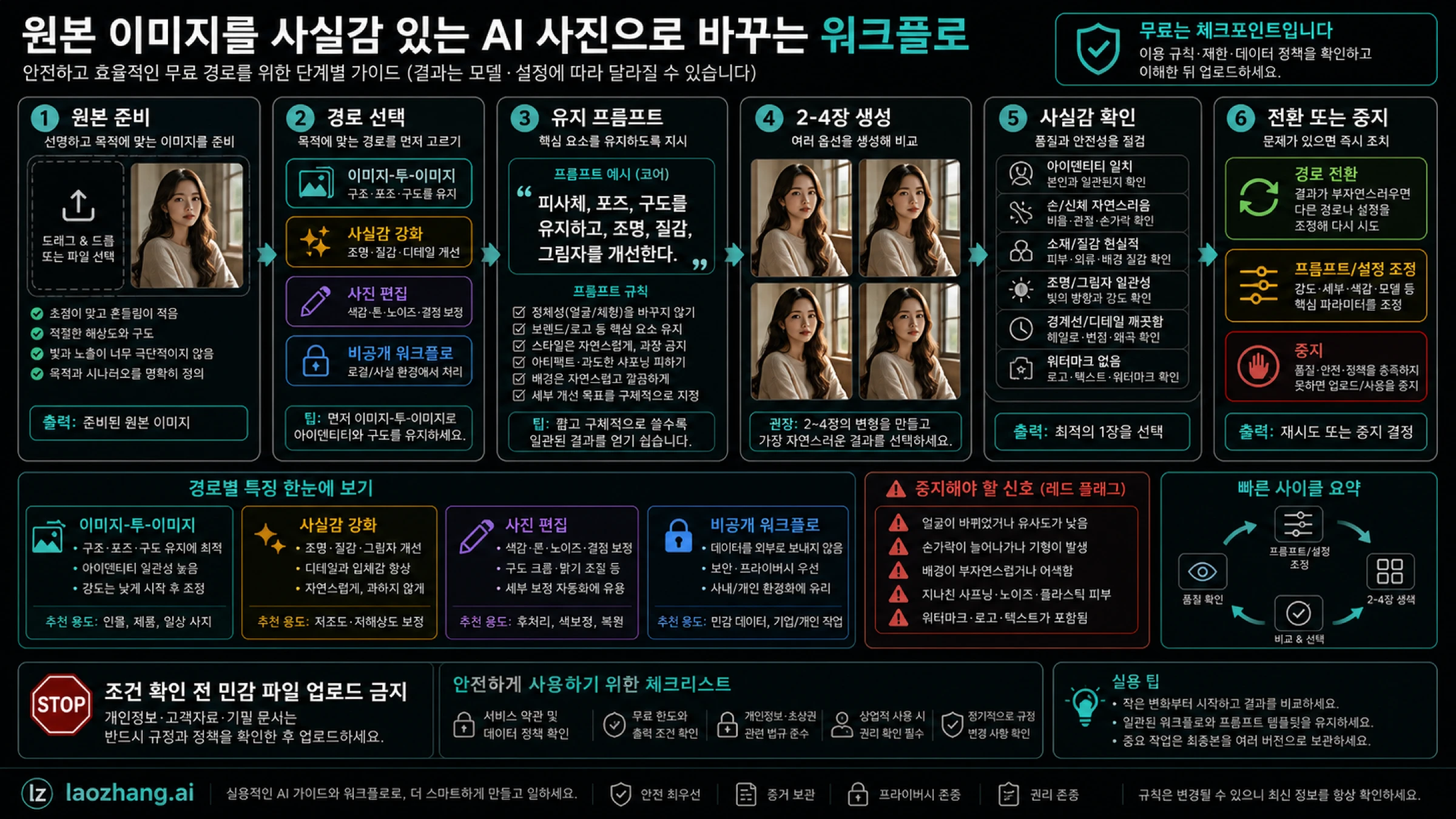 안전한 흐름은 원본 준비, 경로 선택, 보존 프롬프트, 후보 생성, 검수, 전환 또는 중단이다