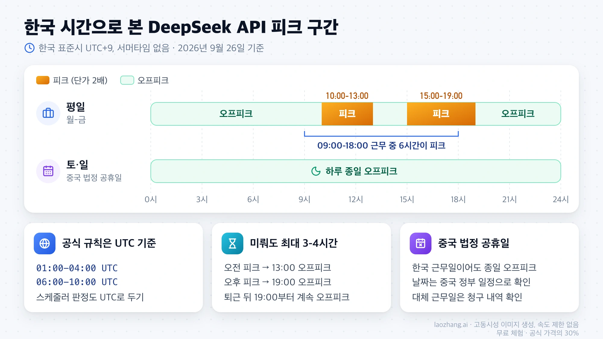 평일 한국 시간 10:00-13:00, 15:00-19:00 피크와 주말·중국 법정 공휴일 종일 오프피크를 나타낸 24시간 타임라인