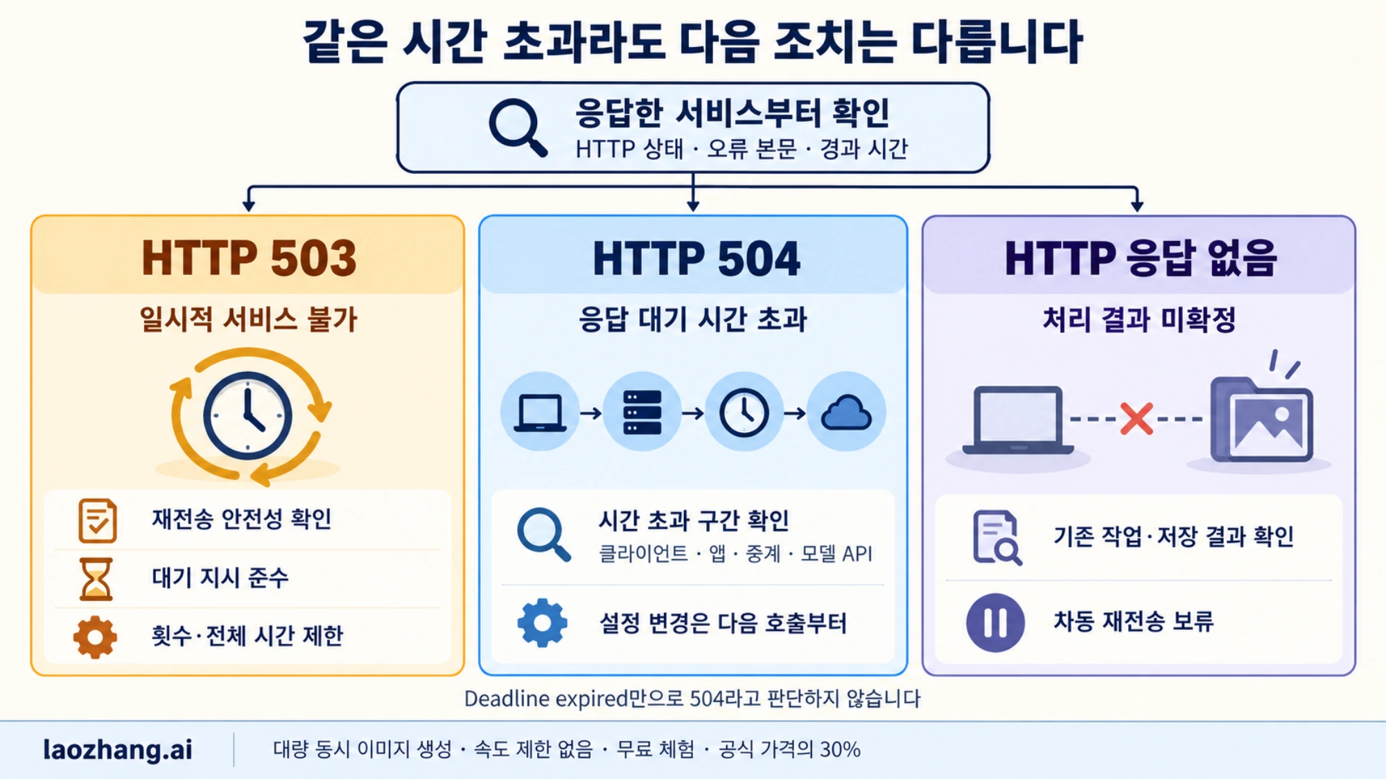 HTTP 503, HTTP 504, 응답 없는 타임아웃을 구분해 안전한 다음 조치를 선택하는 비교도