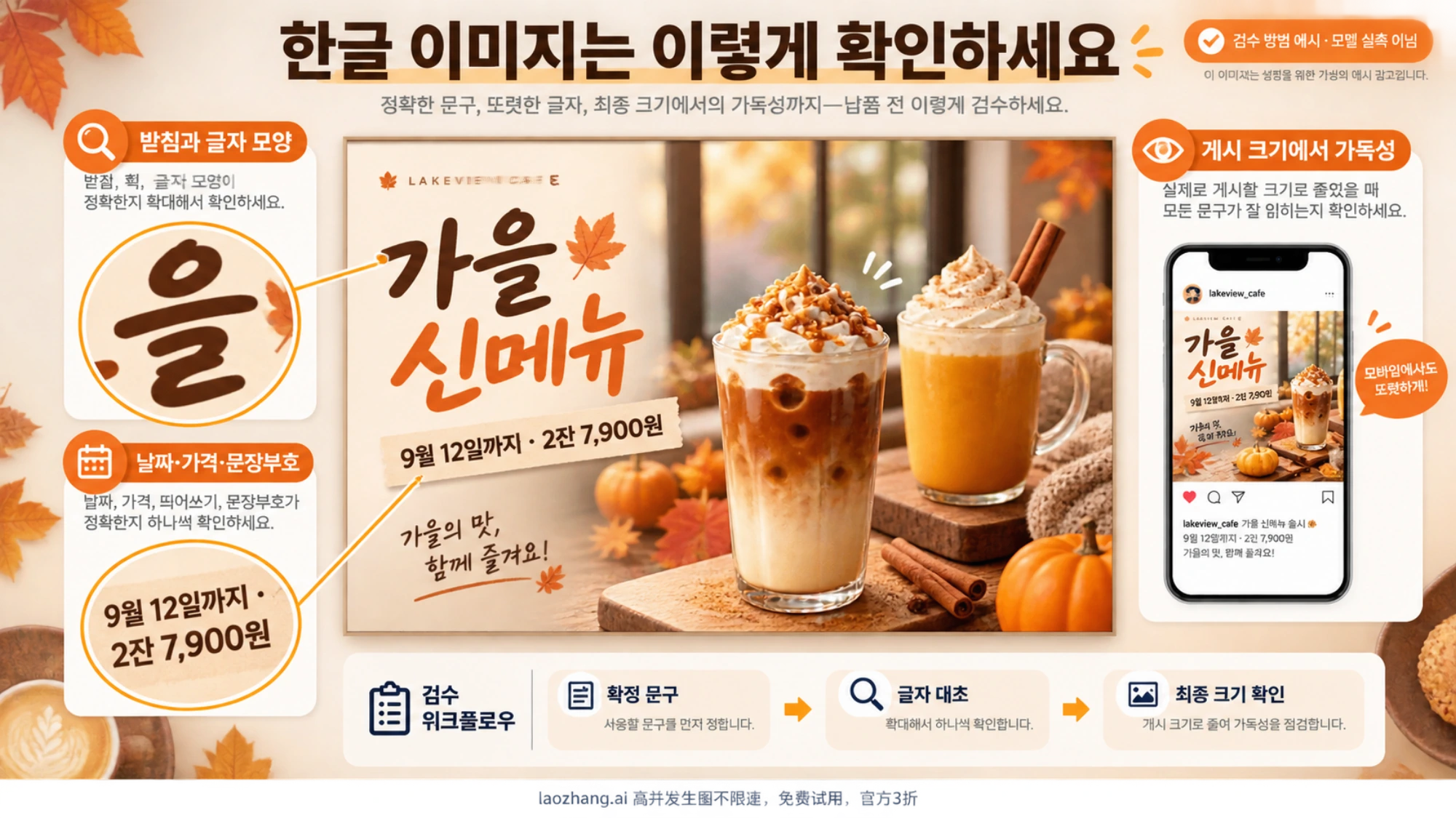 카페 홍보물의 한글 받침, 날짜와 가격, 게시 크기에서의 가독성을 확인하는 방법 예시