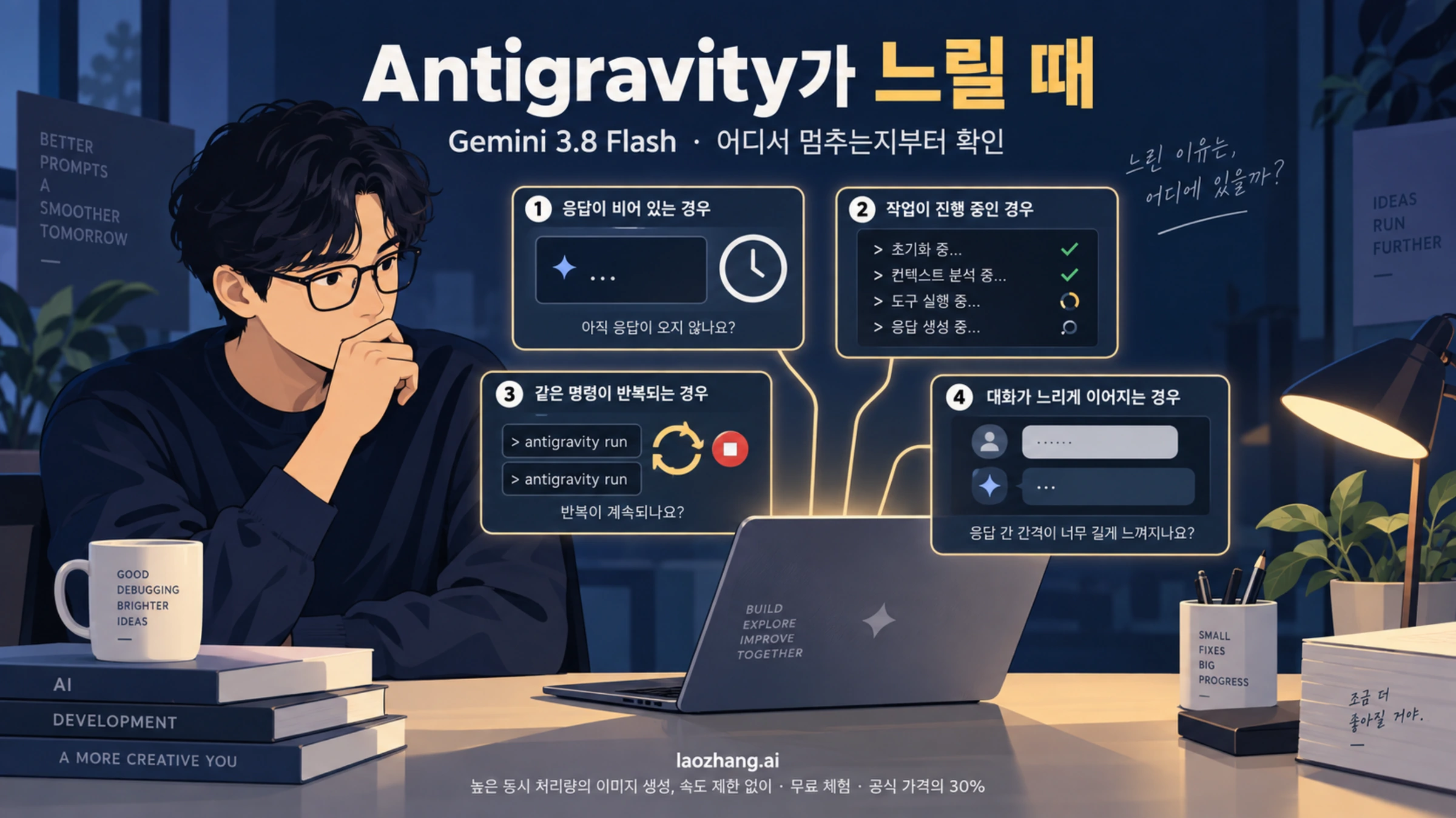 Antigravity의 응답 대기와 작업 진행, 명령 반복을 살펴보는 개발자의 개념 일러스트