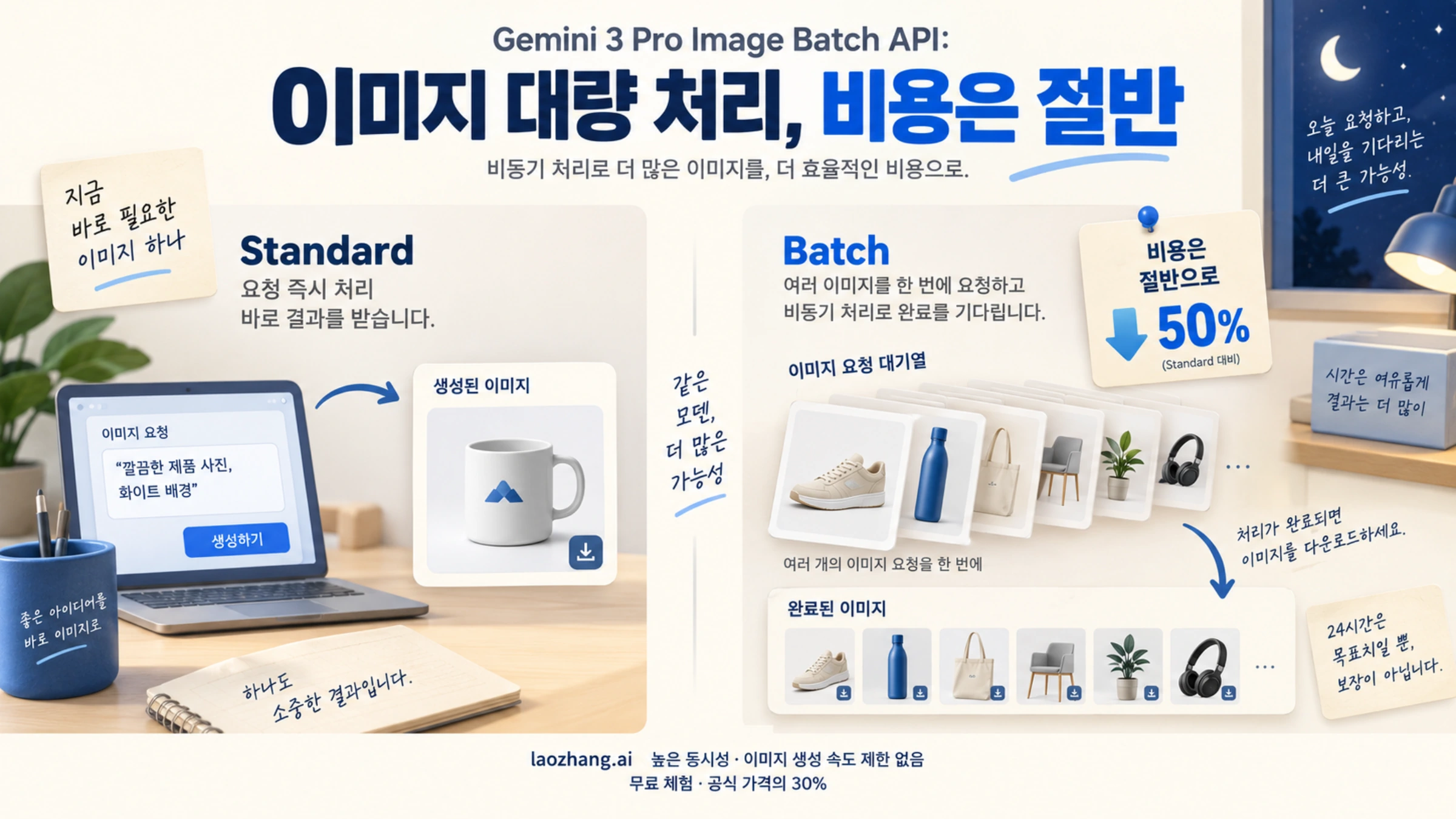 Gemini 3 Pro Image의 일반 요청과 비동기 Batch 이미지 생성을 비교한 개념도