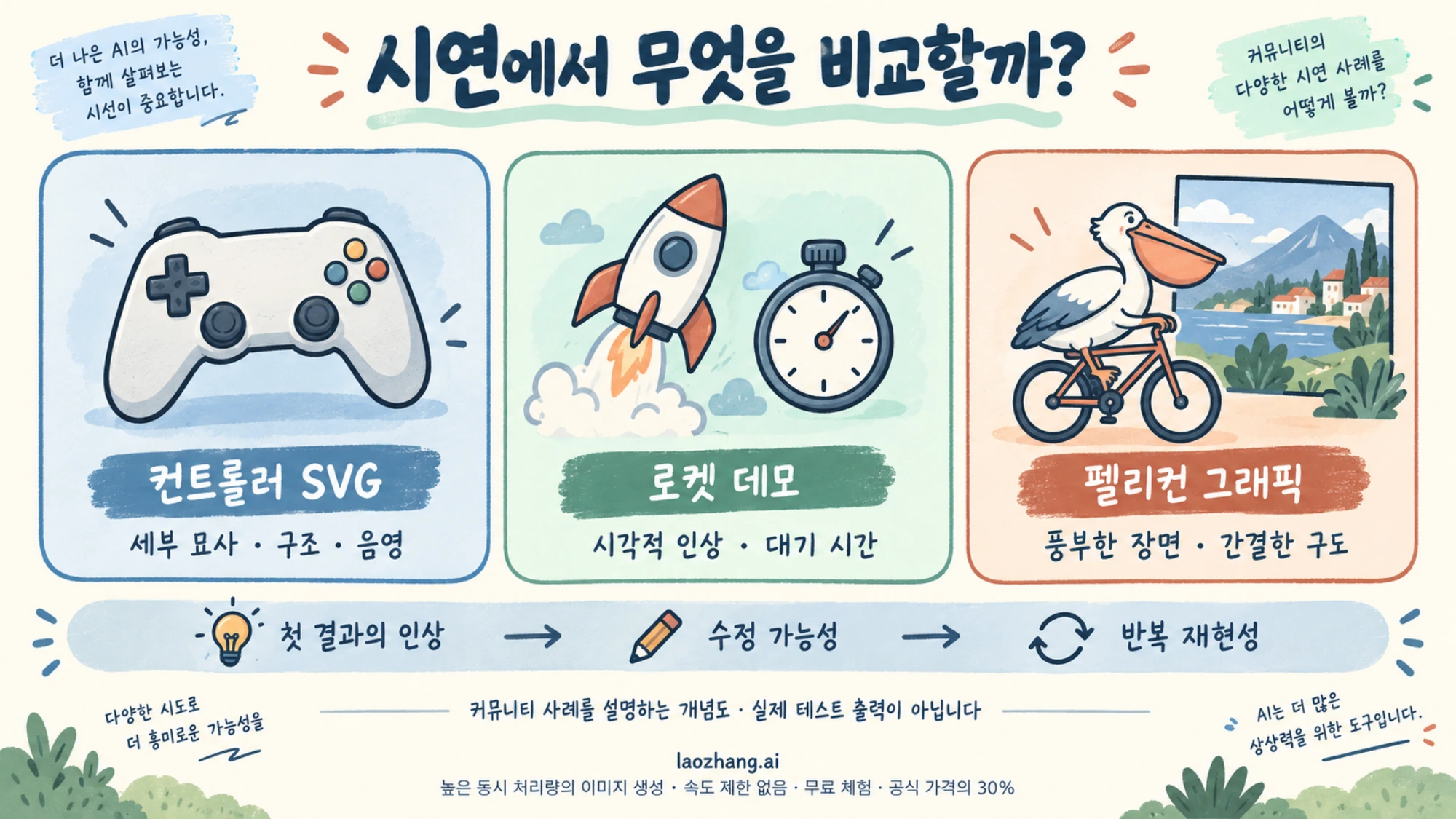 컨트롤러 SVG, 로켓 데모, 펠리컨 그래픽에서 비교할 요소를 정리한 개념도