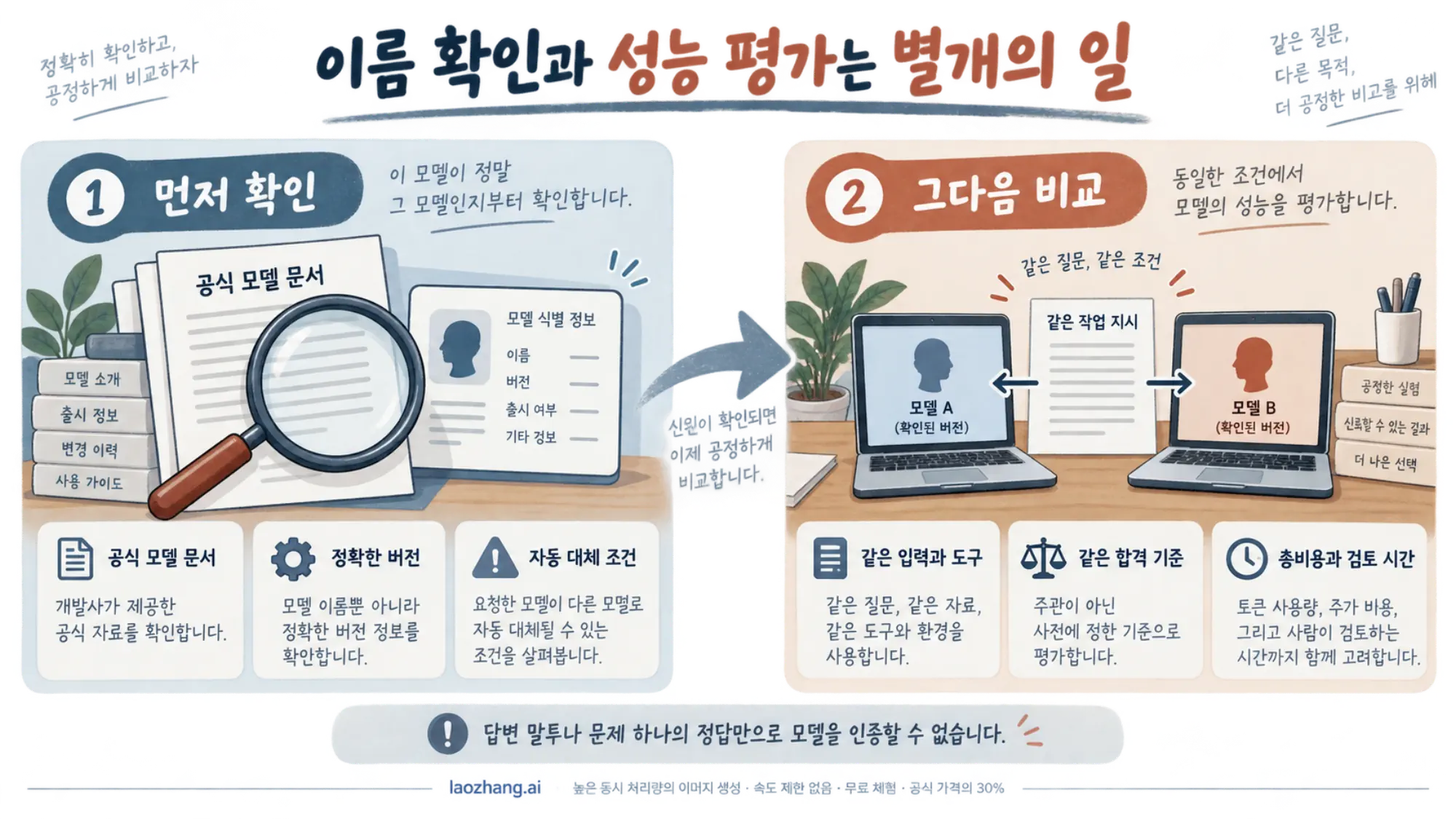 공식 문서와 버전을 먼저 확인한 뒤 같은 입력과 합격 기준으로 성능을 비교하는 두 단계 안내