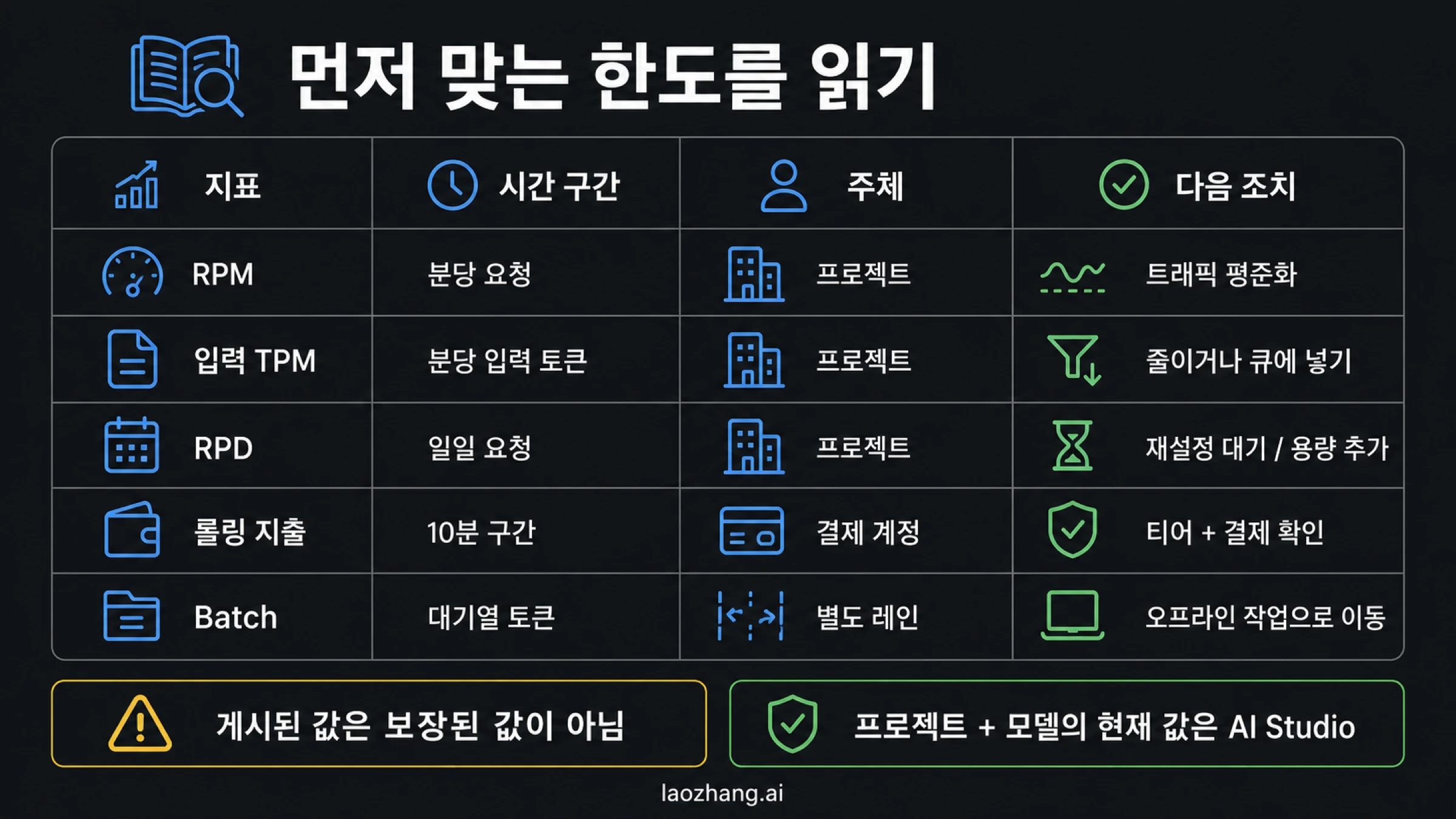Gemini RPM, 입력 TPM, RPD, 지출 등급, Batch 제한 소유자 매트릭스