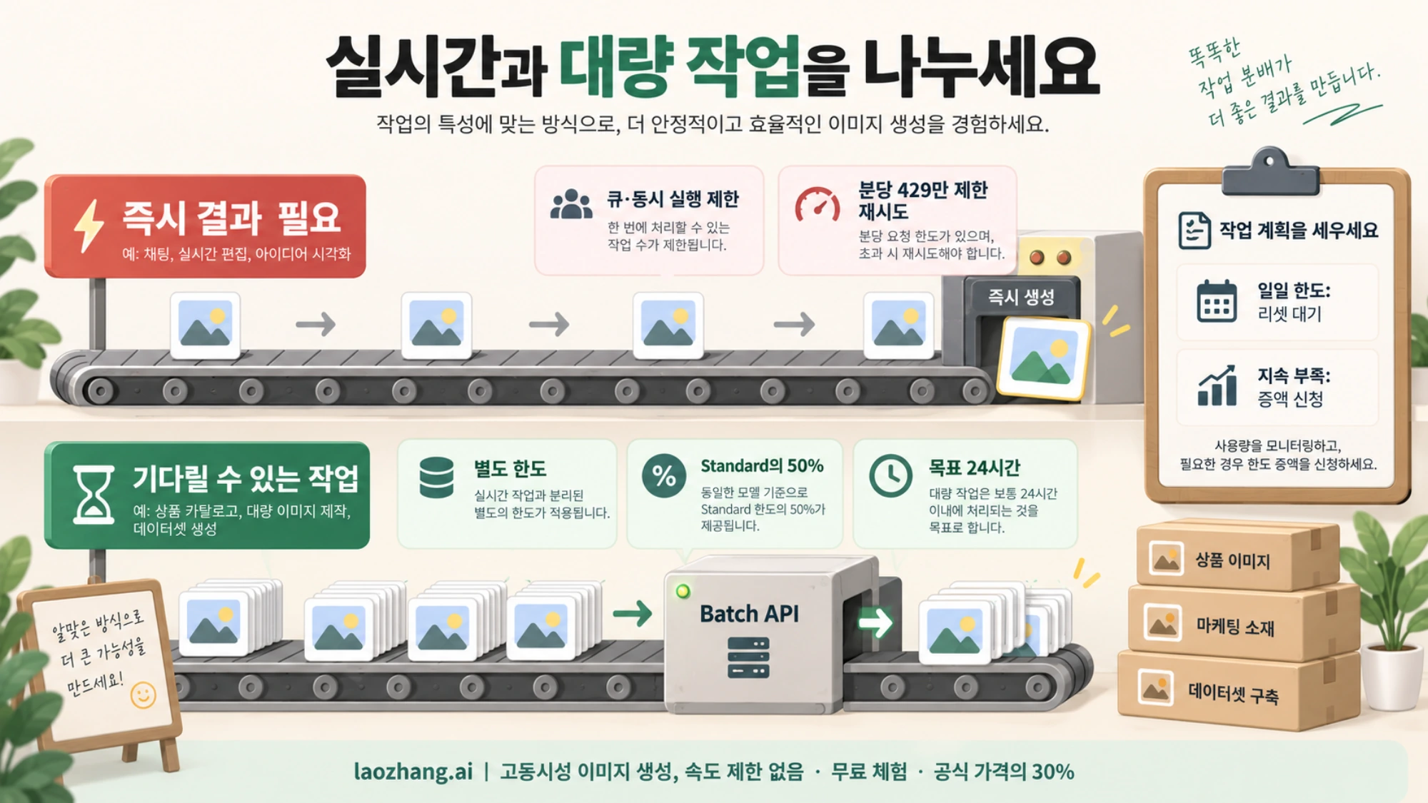 실시간 요청은 큐와 제한된 재시도로, 지연 가능한 대량 이미지 작업은 Batch로 분리하는 방식