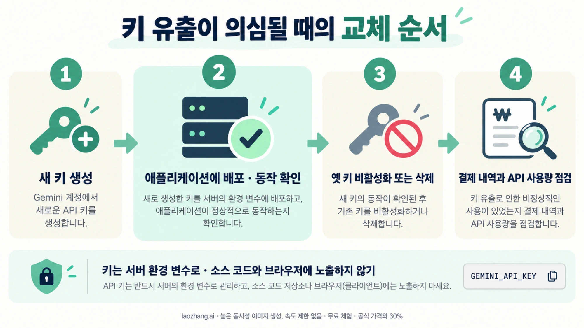 유출이 의심되는 Gemini API 키를 새 키 생성, 배포 확인, 옛 키 폐기, 사용량 점검 순서로 교체하는 그림