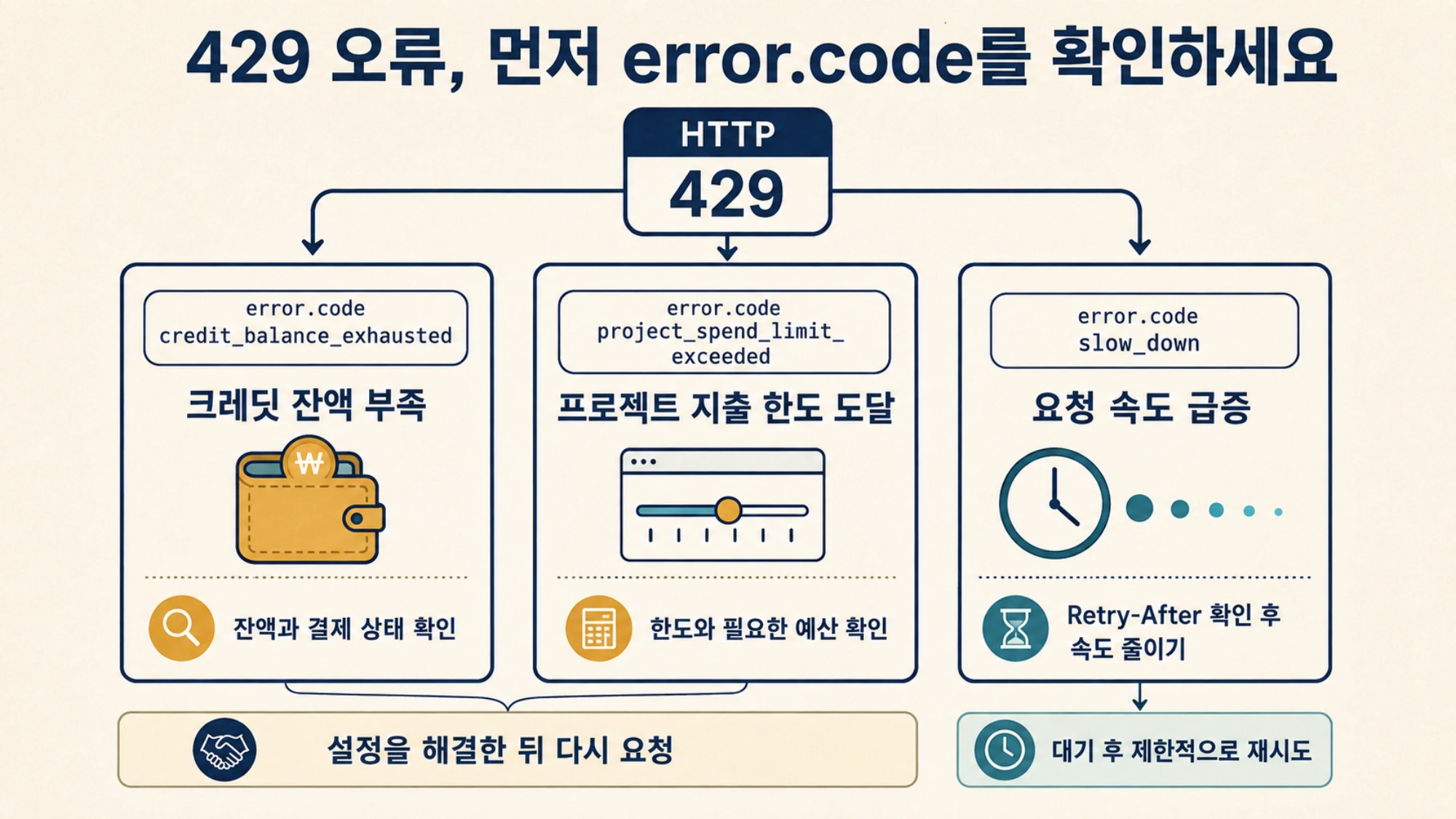 429 오류에서 크레딧 부족, 프로젝트 지출 한도, 요청 속도 급증을 error.code로 구분하고 각각 조치하는 방법
