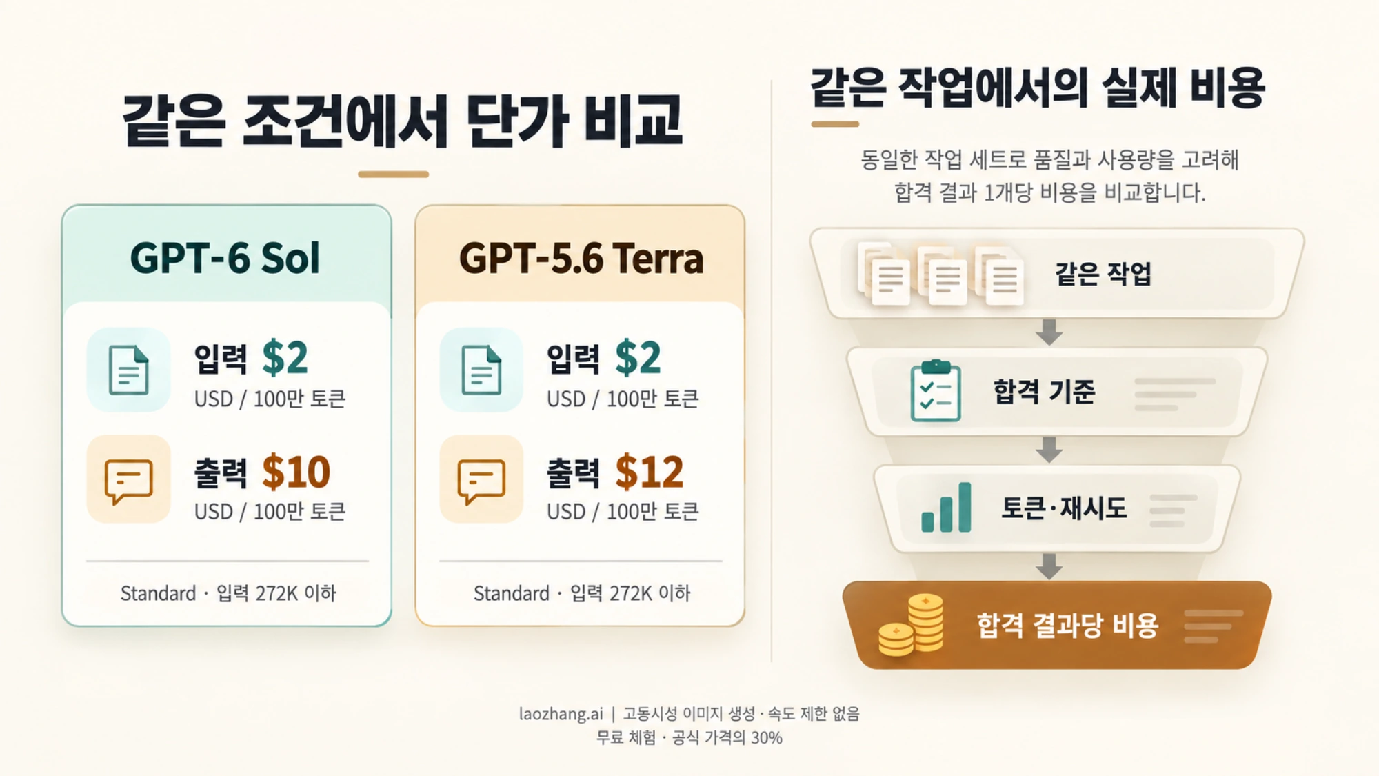 GPT-6 Sol과 GPT-5.6 Terra의 동일 입력 단가와 다른 출력 단가를 비교한 뒤 합격 결과당 비용을 평가하는 흐름