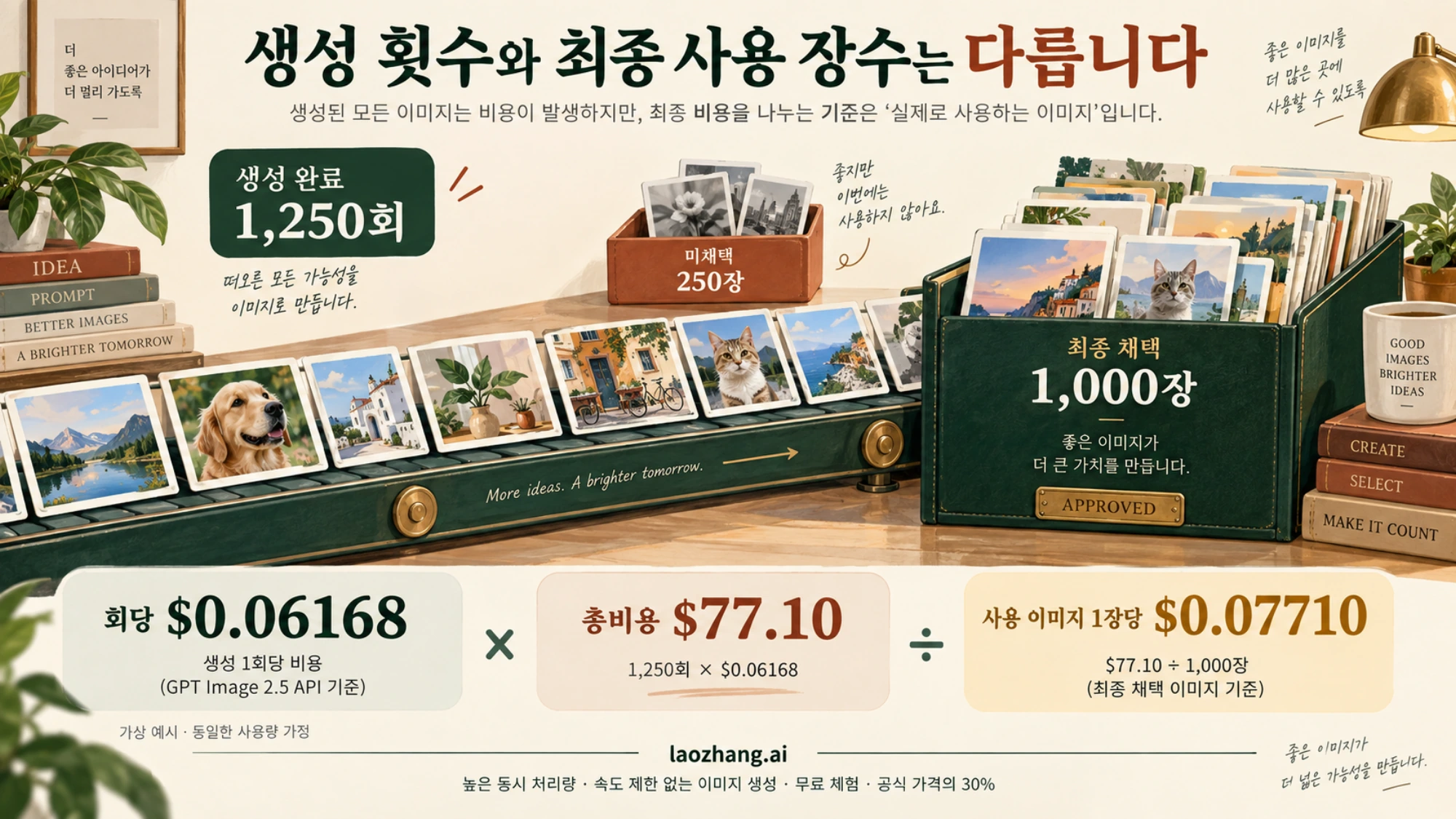 완료된 생성 1,250회 중 1,000장을 채택할 때 총비용과 최종 사용 이미지당 비용을 계산하는 예시