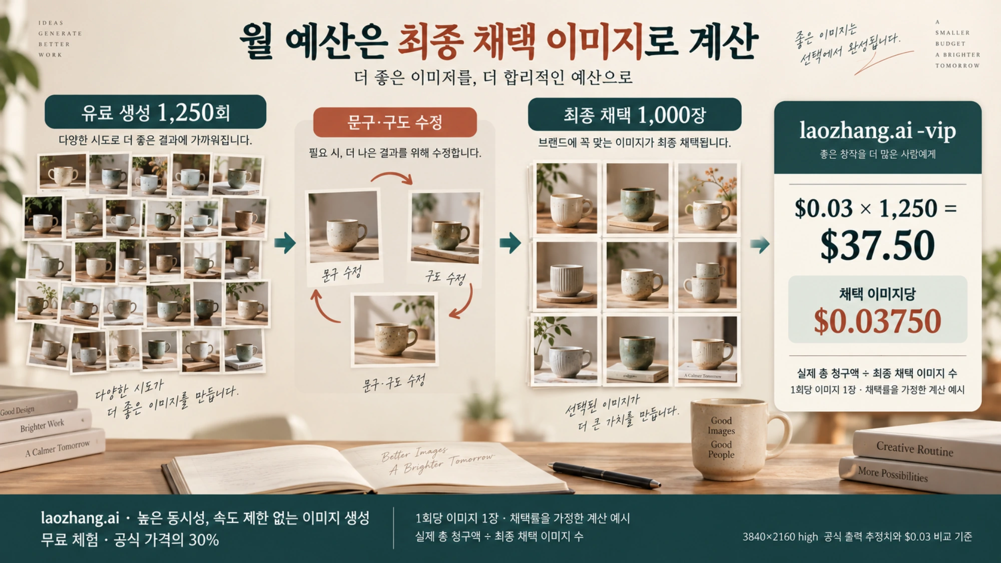 유료 생성 1,250회에서 최종 1,000장을 채택한다고 가정한 laozhang.ai 월 예산과 채택 이미지당 비용
