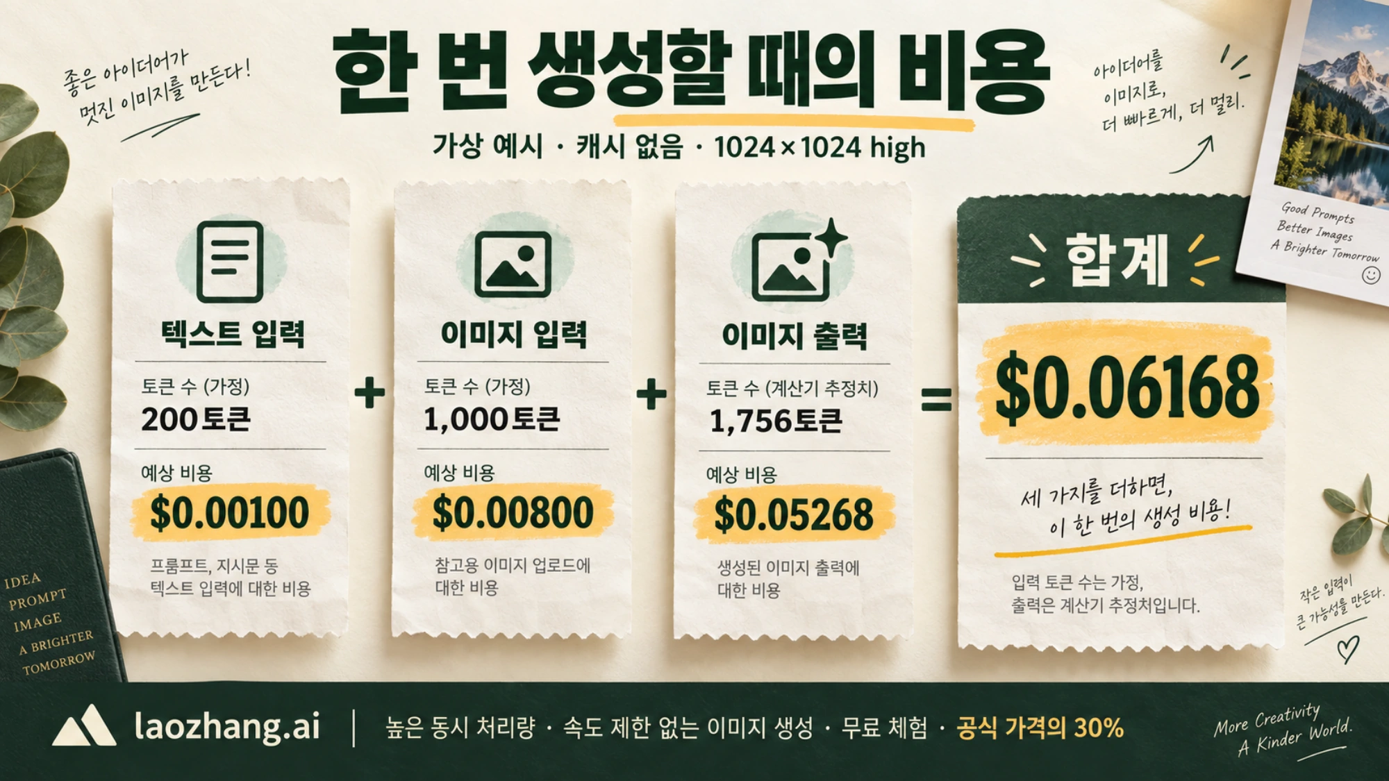 텍스트 입력, 참조 이미지 입력, 이미지 출력 비용을 합산하는 가상 요청 예시