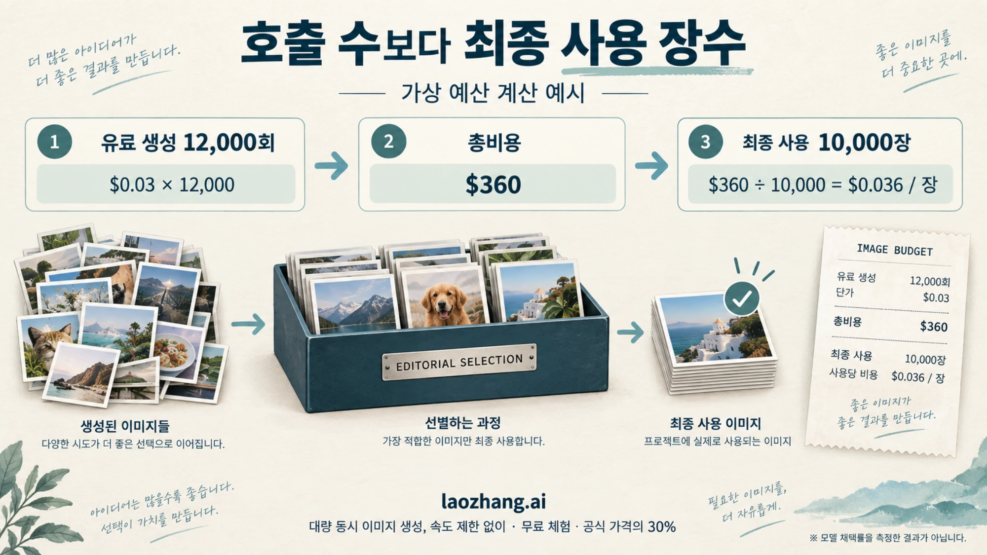 유료 생성 12000회와 최종 사용 10000장을 기준으로 장당 비용을 계산하는 가상 예산 예시