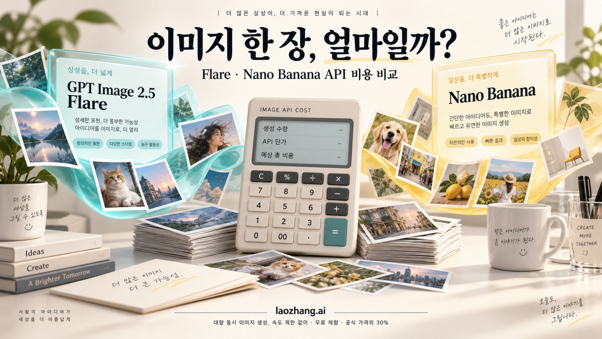 Flare와 Nano Banana 이미지 생성 비용을 사진과 계산기로 비교하는 표지