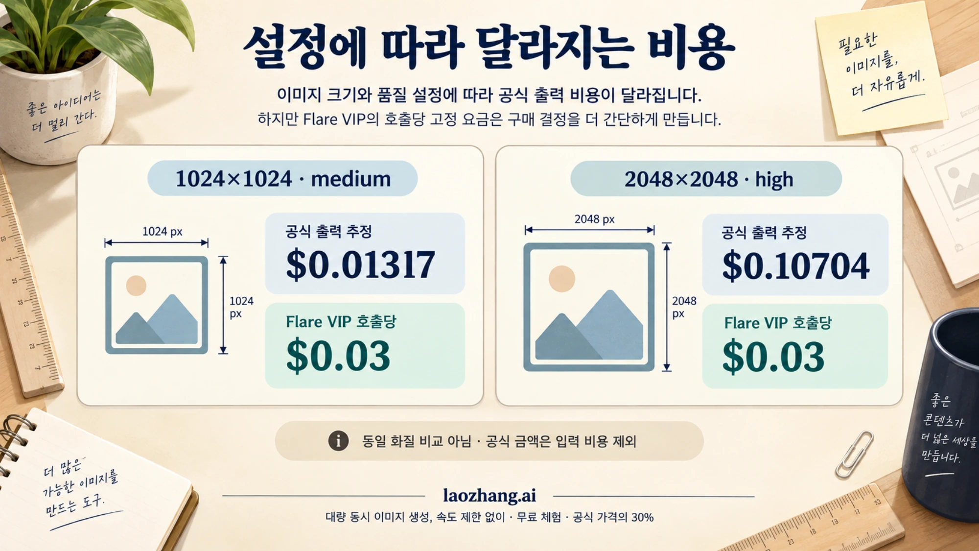 1024×1024 medium과 2048×2048 high에서 공식 Flare 출력 추정치와 VIP 호출당 요금을 비교한 그림