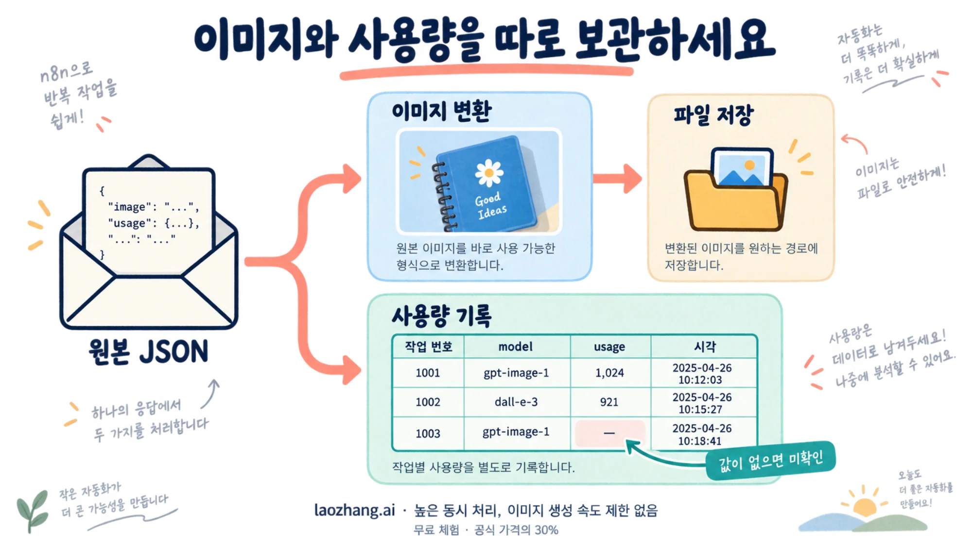 원본 JSON에서 이미지 파일 저장과 사용량 기록을 별도 경로로 이어 가는 설명도