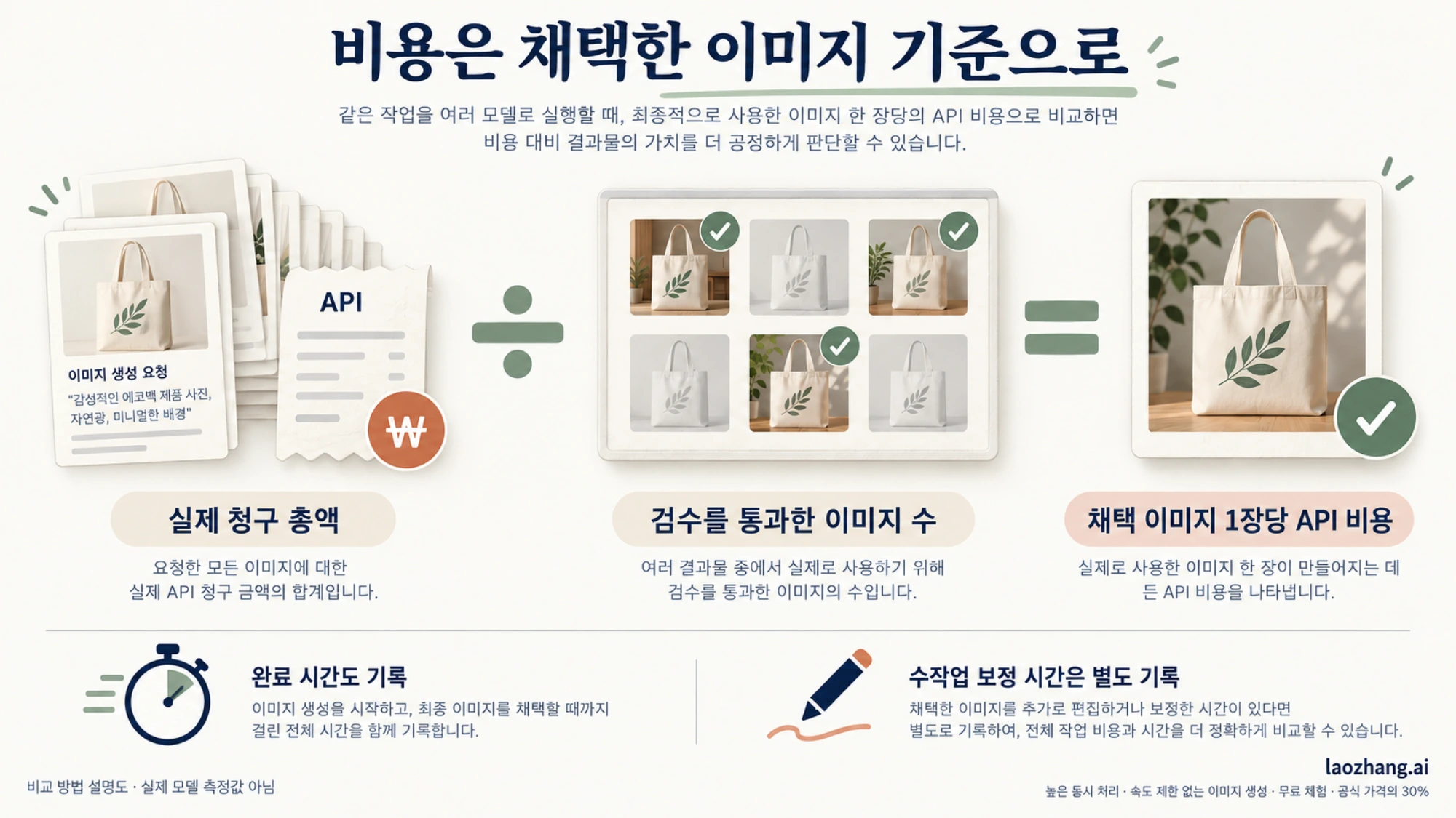 실제 청구 총액을 검수에 통과한 이미지 수로 나누고 완료 시간과 수작업 보정 시간을 함께 기록하는 비교 방법 설명도