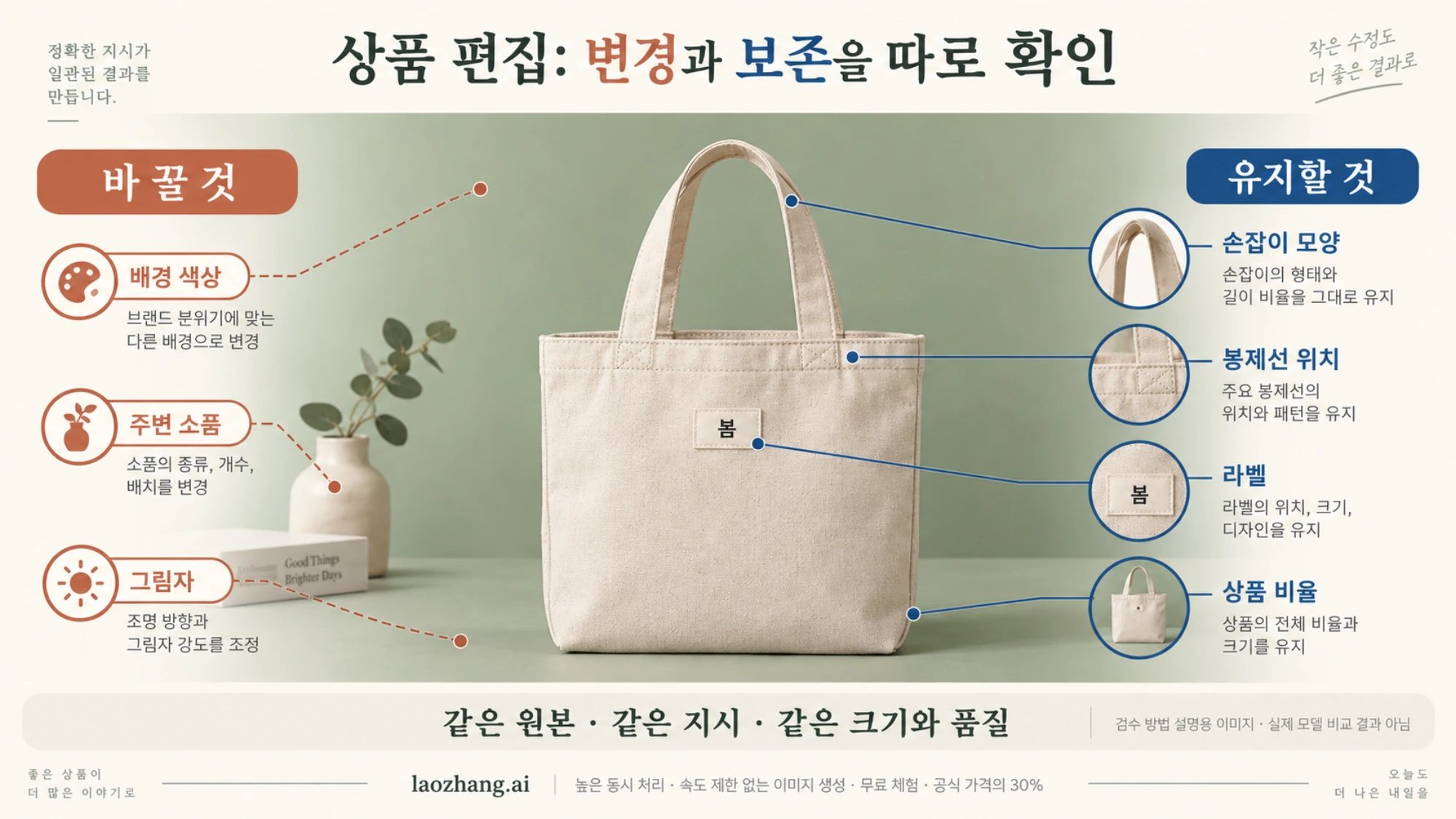 캔버스 가방의 배경은 변경하고 손잡이, 봉제선, 라벨과 상품 비율은 유지하도록 조건을 나눈 설명도