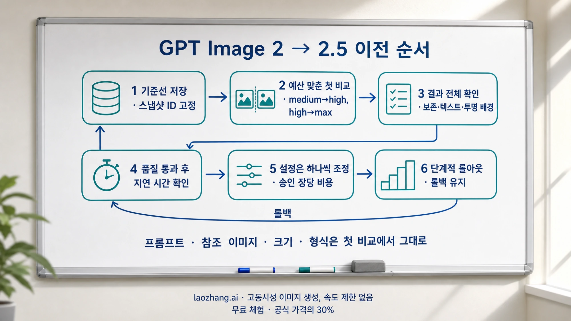 화이트보드에 기준선 저장, 예산을 맞춘 첫 비교, 결과 전체 확인, 지연 시간 확인, 설정 하나씩 조정, 단계적 롤아웃과 롤백 유지로 이어지는 GPT Image 2에서 2.5로의 6단계 이전 순서를 그린 설명도