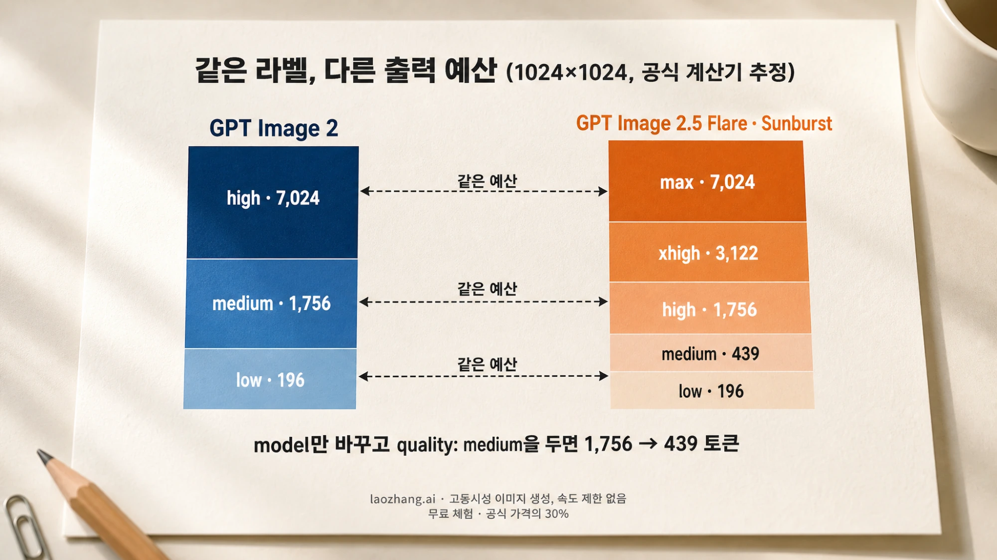 책상 위 카드에 GPT Image 2의 low·medium·high와 GPT Image 2.5의 low·medium·high·xhigh·max를 출력 토큰 예산 사다리로 나란히 놓고, 2.5 high가 GPT Image 2 medium과, 2.5 max가 GPT Image 2 high와 같은 예산임을 점선으로 연결한 설명도