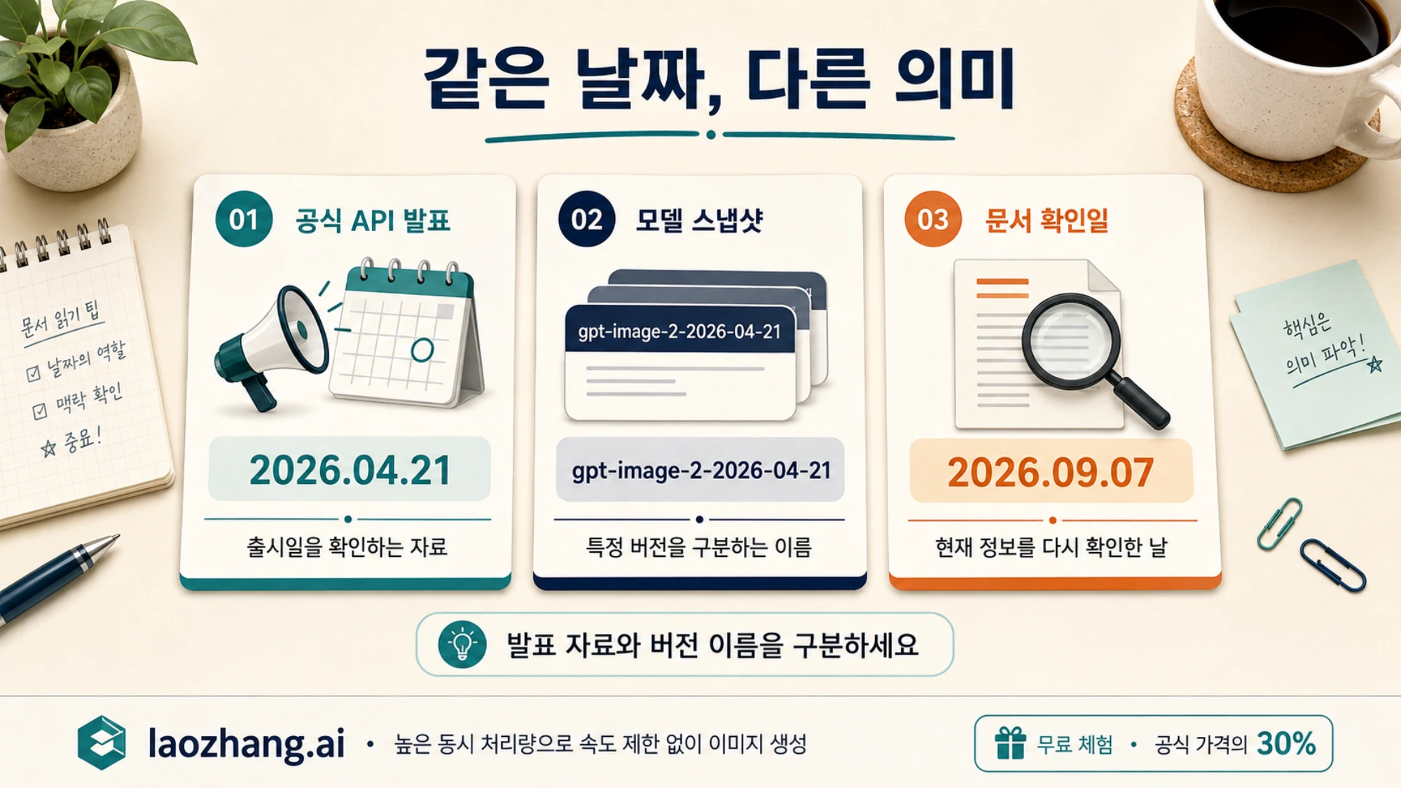GPT Image 2의 공식 API 발표일, 모델 스냅샷 날짜, 문서 확인일의 의미 비교