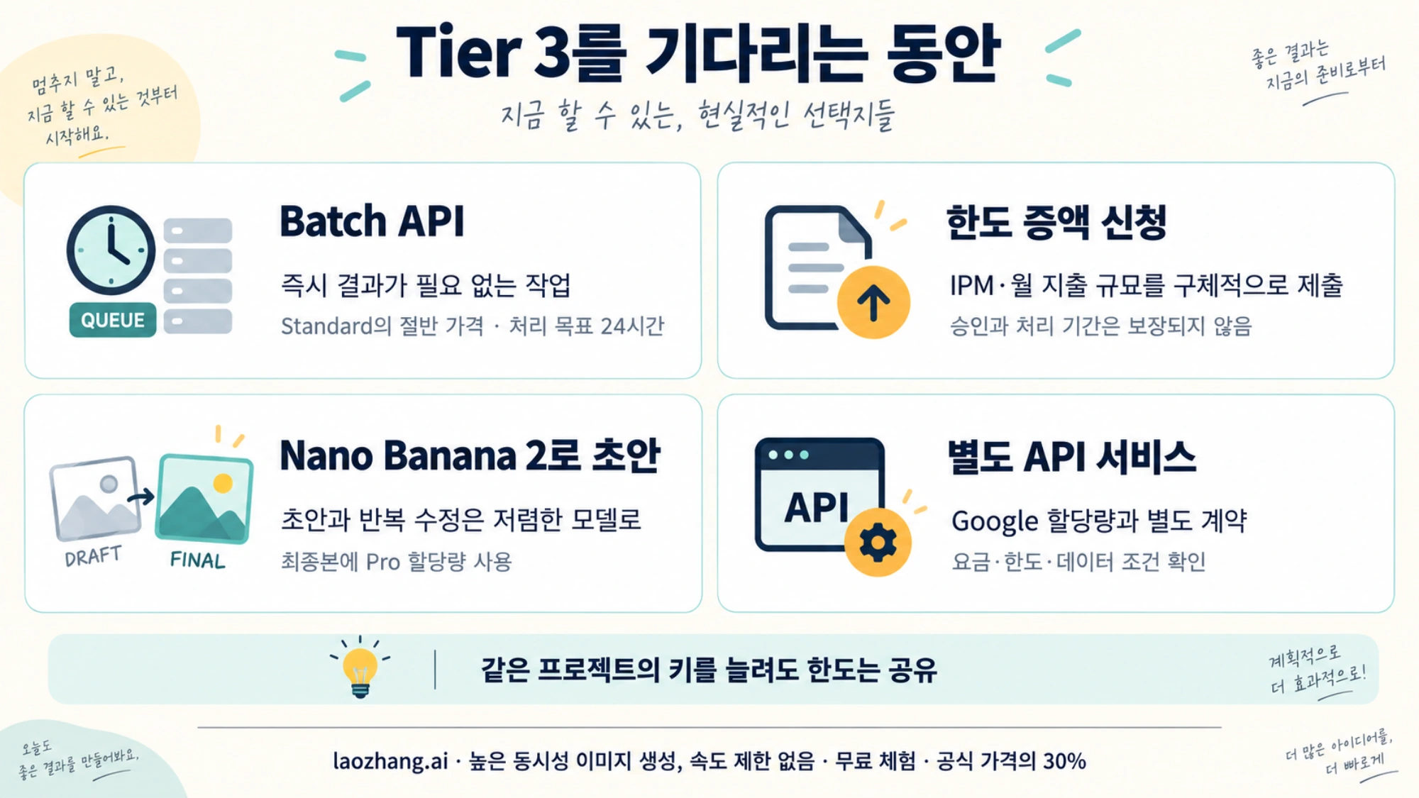 Tier 3 승급 전 Batch, 증액 신청, Nano Banana 2 초안, 별도 API 서비스를 비교하는 그림