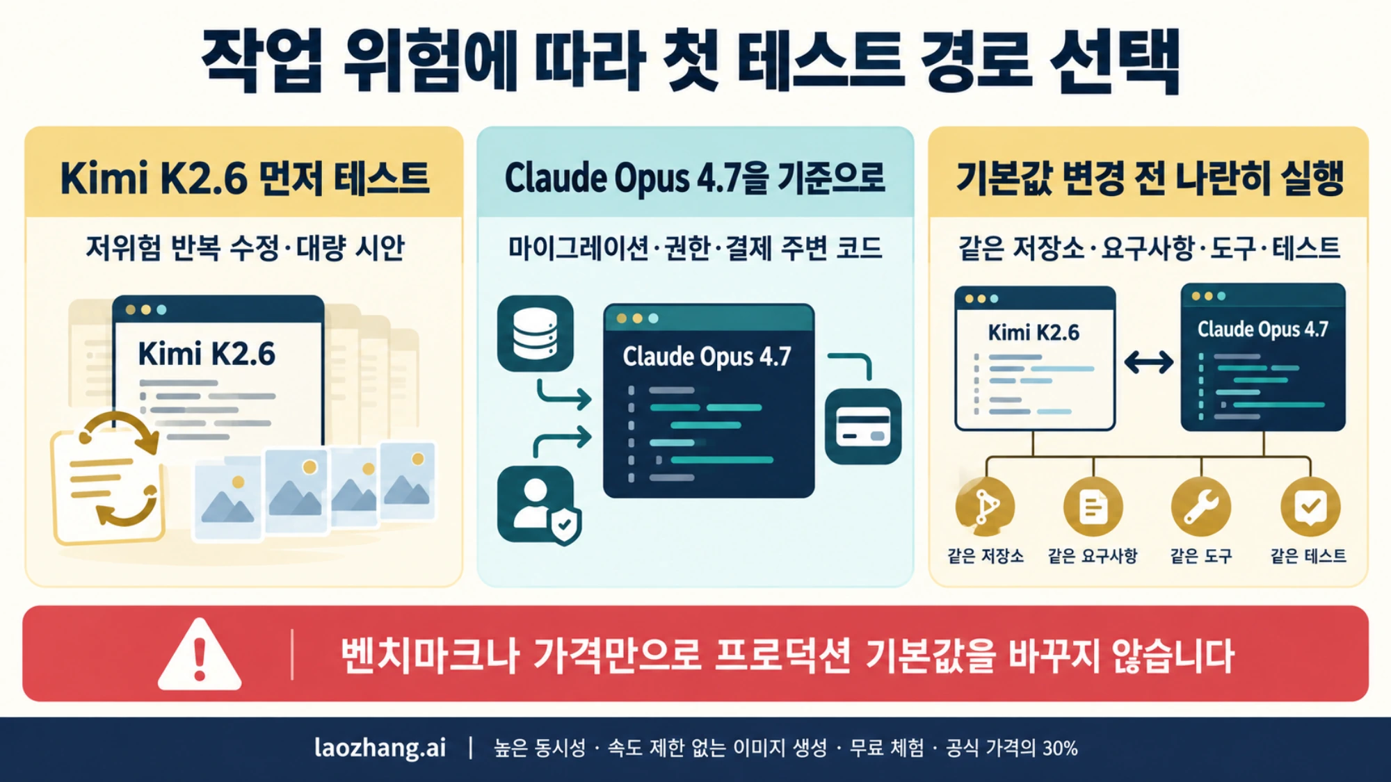 저위험 반복 작업, 고위험 코드와 기본값 변경에 따라 Kimi와 Opus의 첫 테스트 경로를 나누는 도식