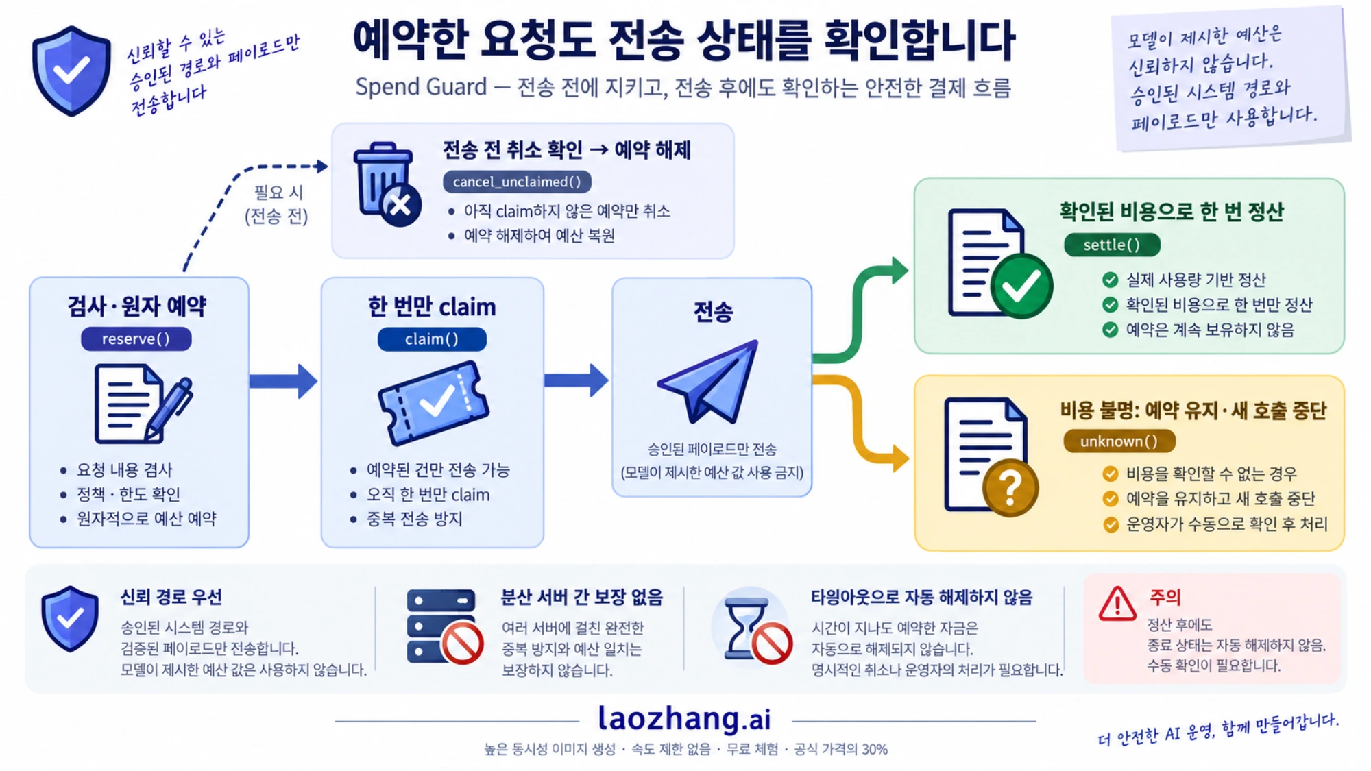검사와 예약, 한 번의 전송, 정산 및 비용 불명 예약 유지 상태를 나눈 개념도