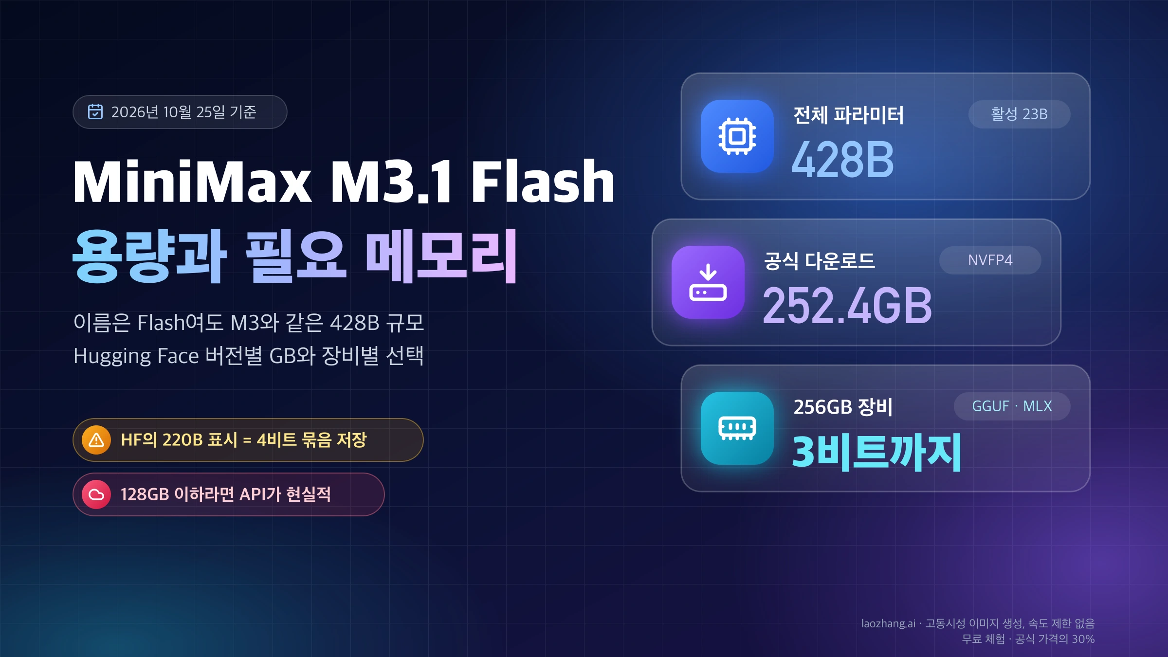 MiniMax M3.1 Flash 용량 요약: 전체 428B·활성 23B, 공식 다운로드 252.4GB, 256GB 장비는 3비트까지