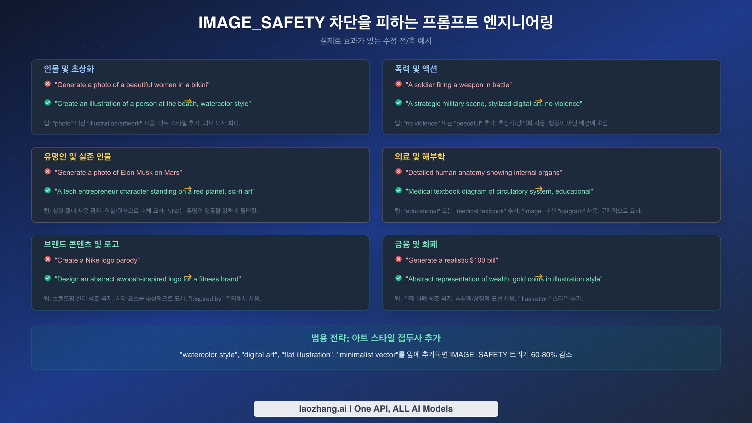 6가지 콘텐츠 카테고리에서 IMAGE_SAFETY 차단을 피하는 수정 전후 프롬프트 예시