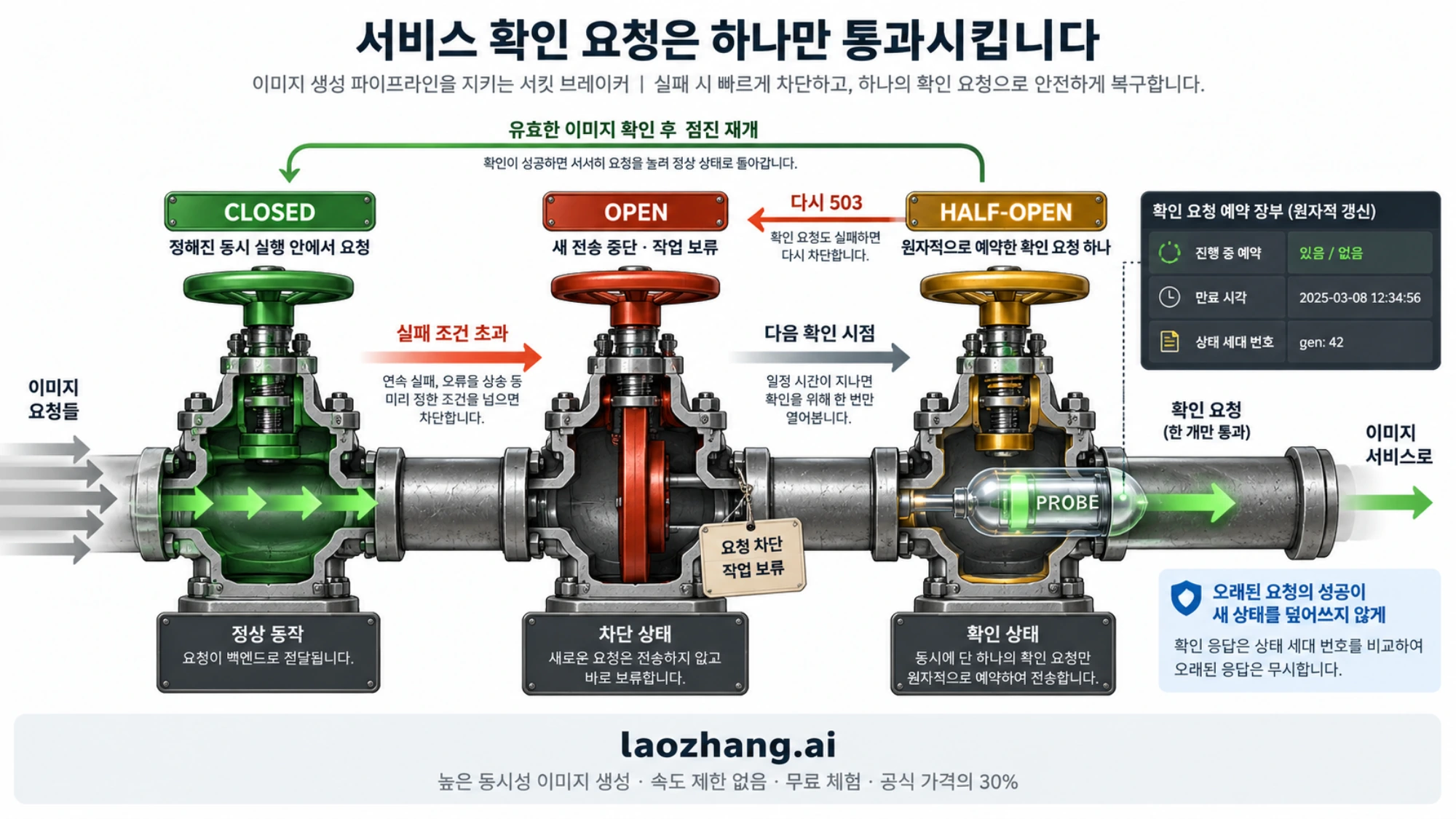 닫힘·열림·반개방에서 단일 확인 요청을 예약하고 유효한 이미지로 점진 재개하는 흐름
