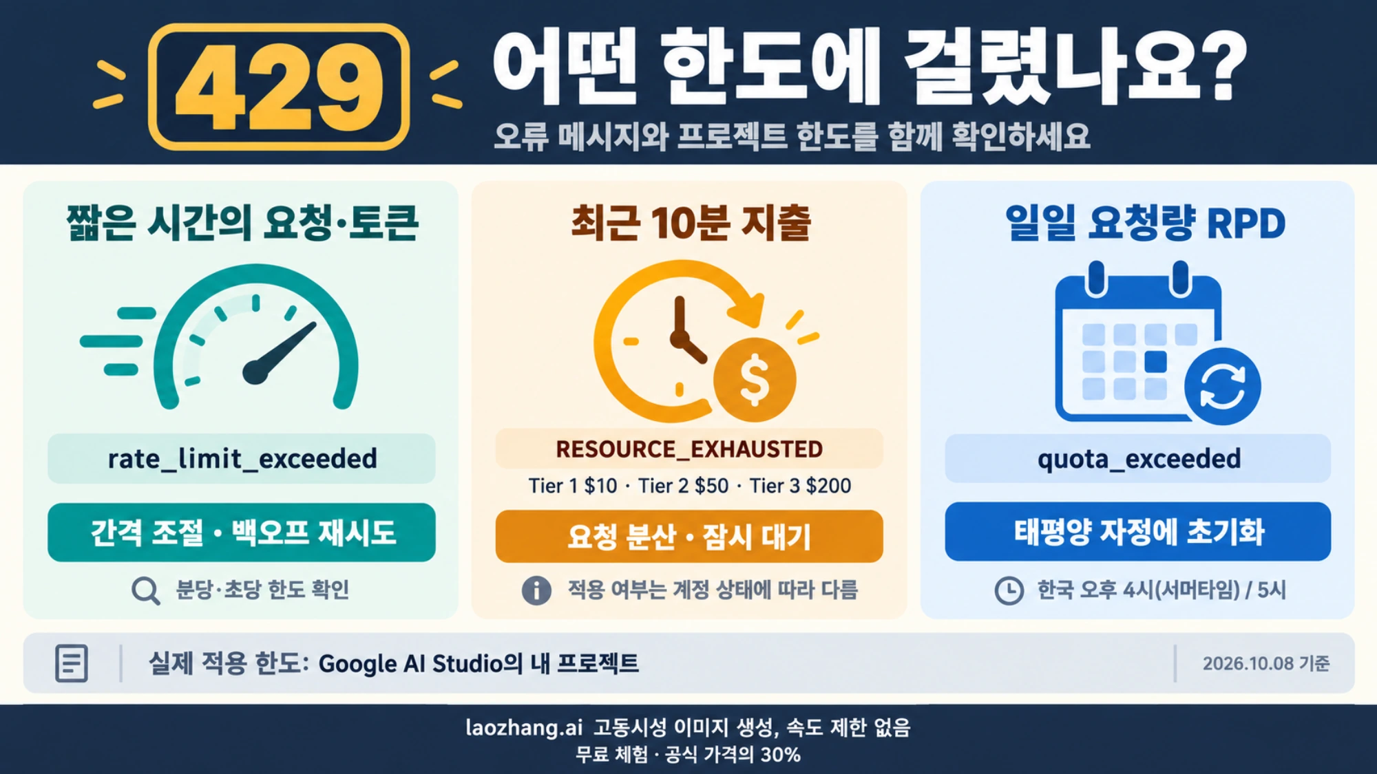 Gemini API의 429 오류를 짧은 시간의 요청·토큰 한도, 최근 10분 지출 한도, 일일 요청량 RPD로 나누어 대응을 설명한 도식