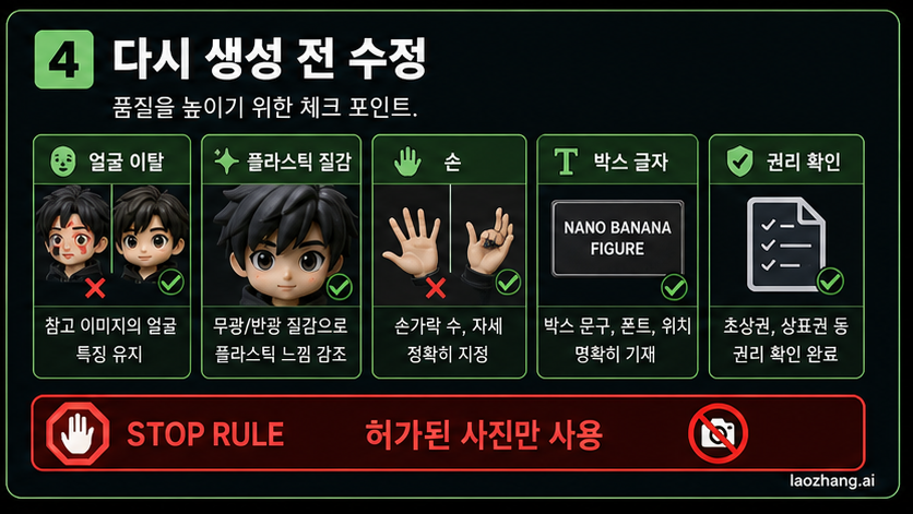 얼굴 흔들림, 재질, 손, 박스 글자, 권리 확인을 보여 주는 수정 체크 보드