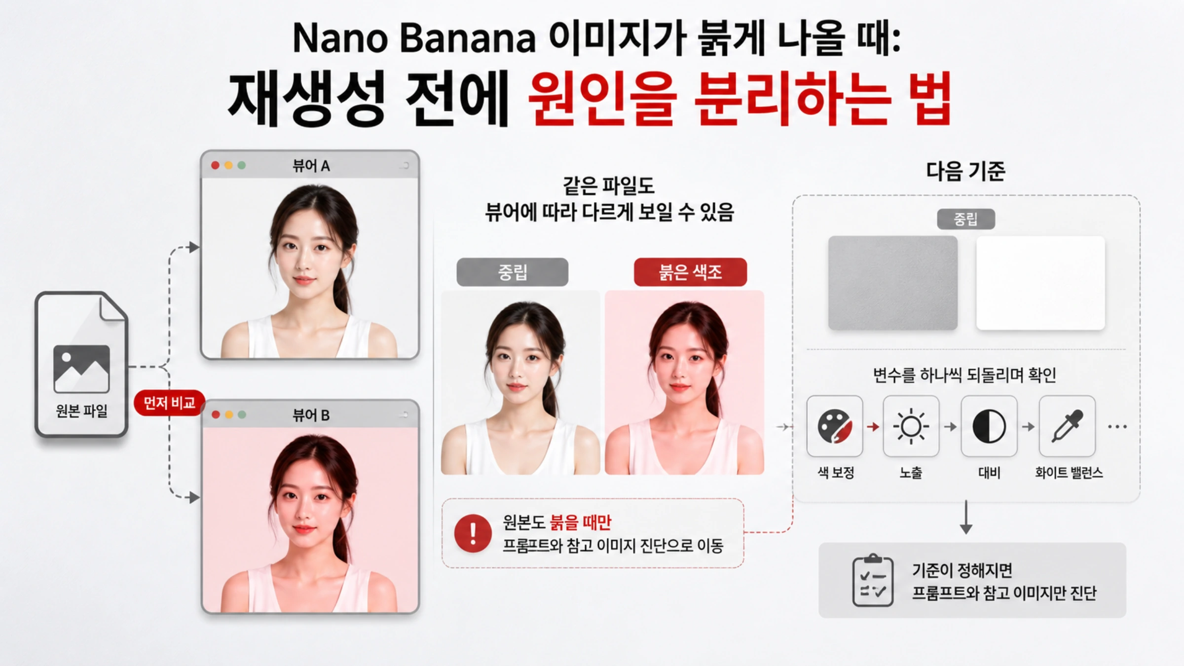 Nano Banana의 중립 색상 인물 이미지와 붉은 색조 결과 비교
