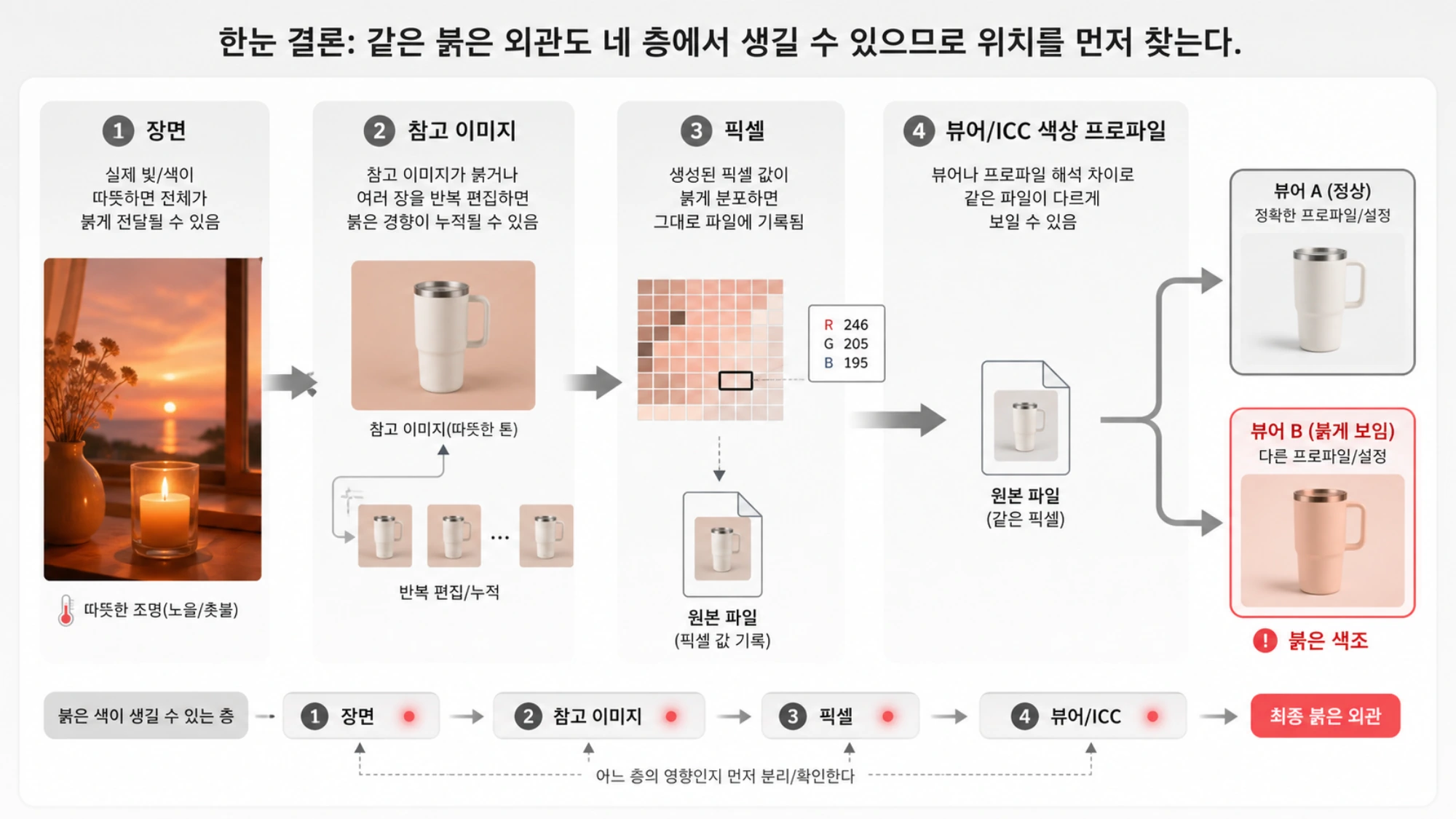Nano Banana 붉은 색조를 장면, 참고 이미지, 생성 픽셀, 표시 프로파일의 네 층으로 나누는 진단도