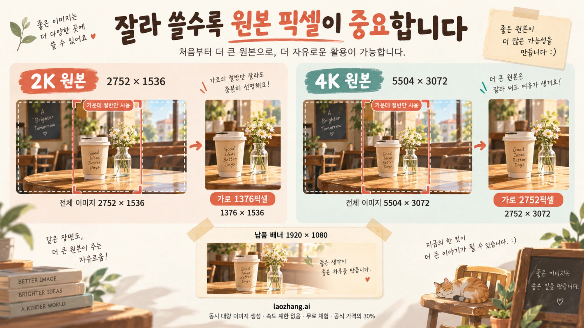 카페 행사 이미지의 중앙을 잘라 쓸 때 2K와 4K 원본에서 남는 가로 픽셀을 비교한 설명 그림