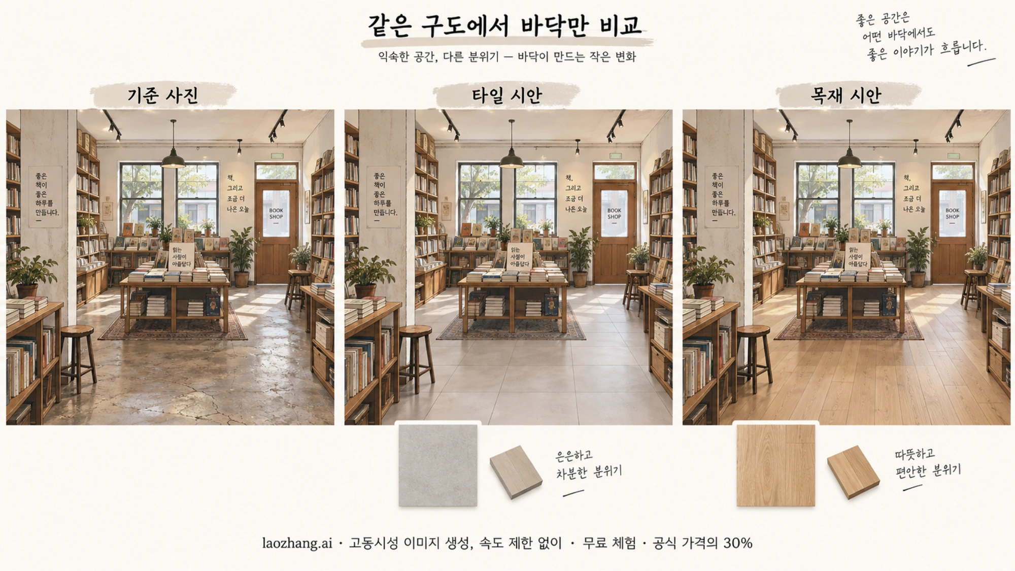 같은 서점 구도에서 기준 사진과 타일·목재 바닥 시안을 비교하는 설명용 삽화