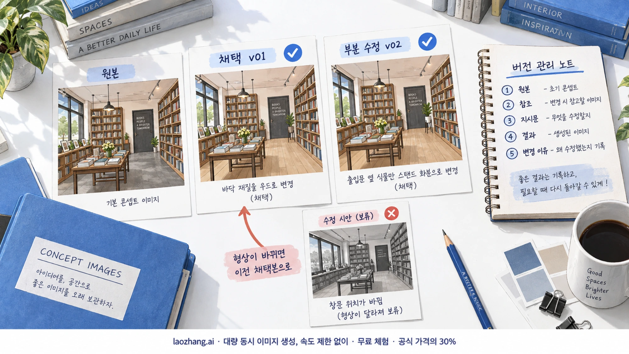 원본과 채택본, 화분을 부분 수정한 버전을 보관하고 실패한 수정에서 이전 채택본으로 돌아가는 설명용 삽화