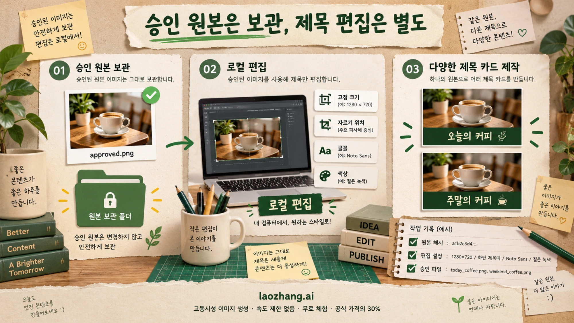 승인 원본을 보관하고 고정된 편집 설정으로 서로 다른 제목 카드를 만드는 과정